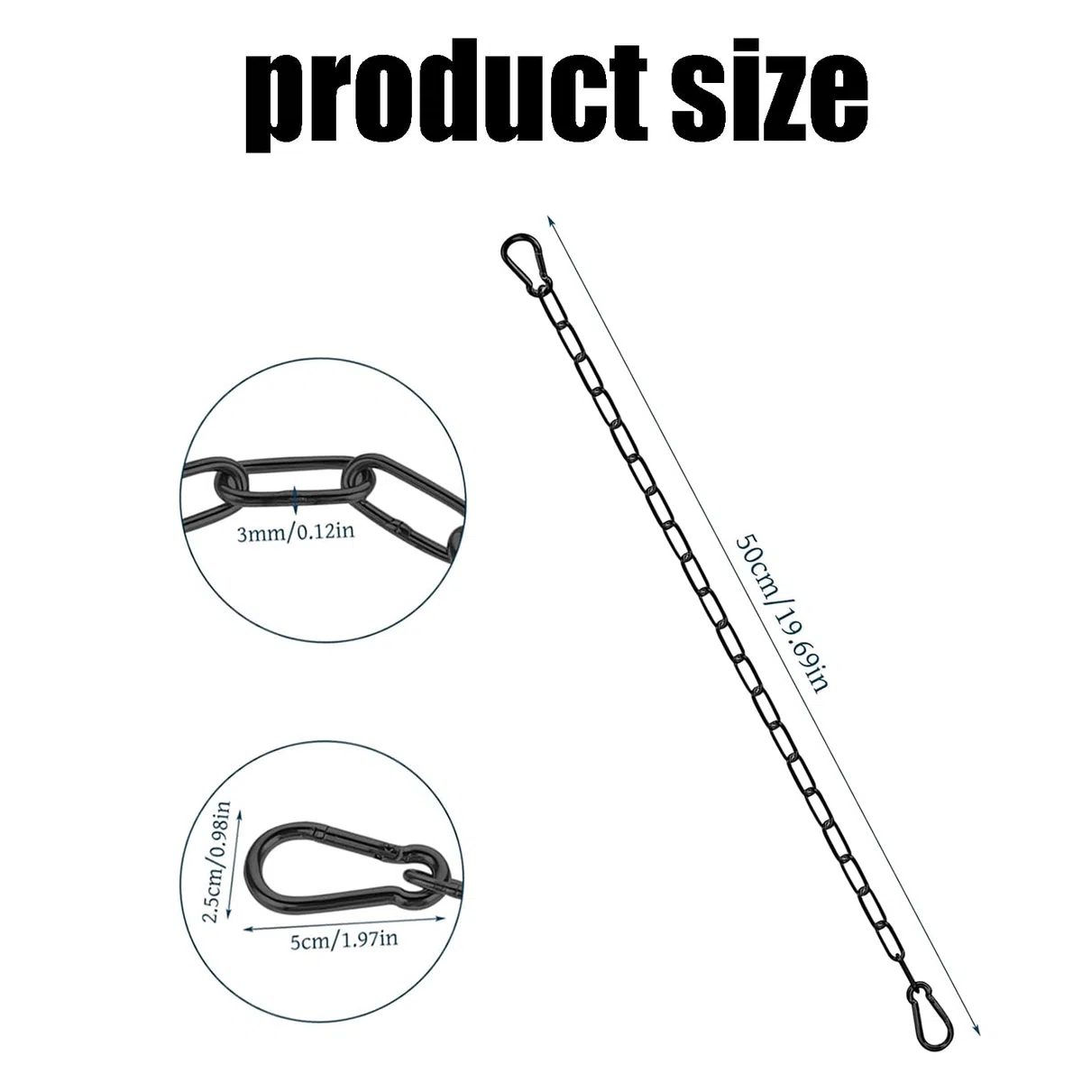 2PCS Catena in ferro galvanizzato, catena in ferro con moschettone, lunghezza 50 cm, catena di sicurezza con serratura per porte di recinzione, cancelli da giardino (nero)