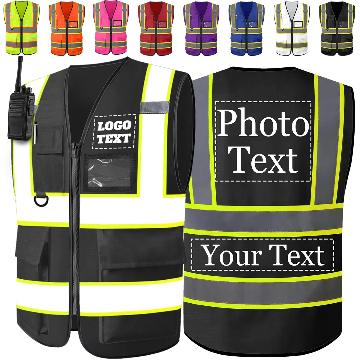 Gilet Catarifrangente Personalizzati Bicolore Ad Alta Visibilità Con Inserti Riflettenti, Gilet Ad Alta Visibilità Con Tasche e Cerniera, Personalizzabili Con Logo e Testo, Per Uomo e Donna