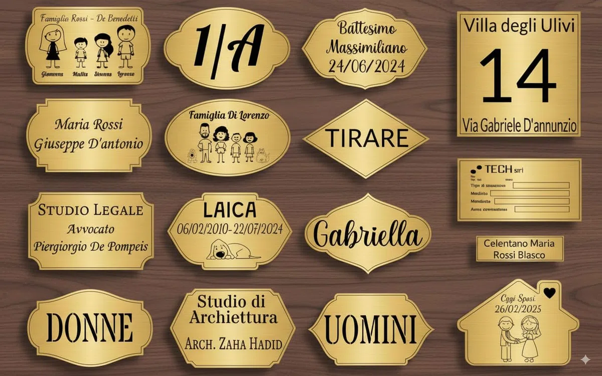 Targa Porta Ingresso Personalizzabile Oro Spazzolato - Nome, Indirizzo, Design a Scelta, Targhetta Fuoriporta Laser Incisa Laminato Plastico