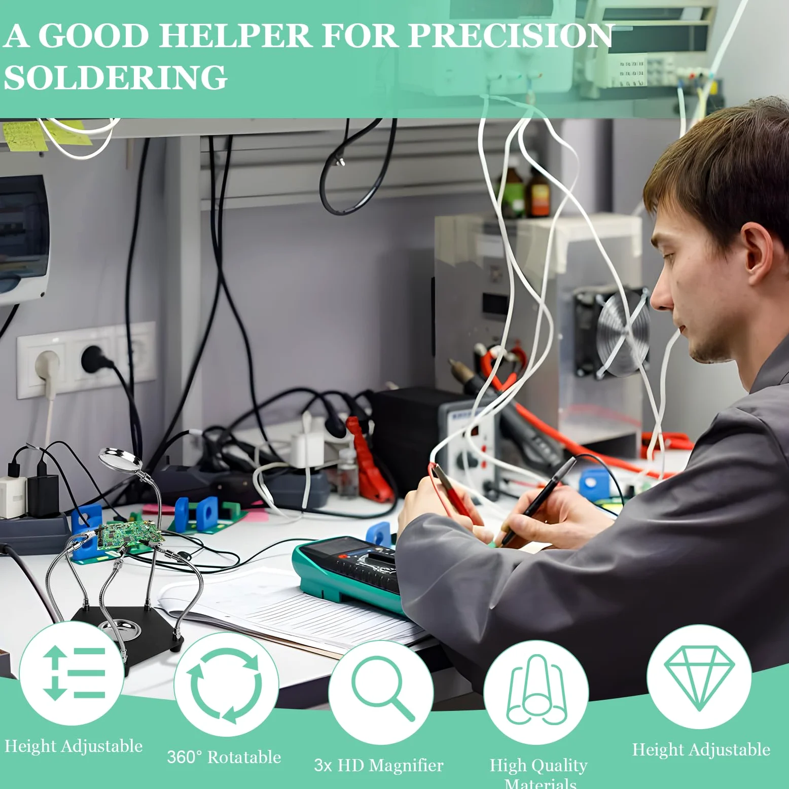 Terza Mano Saldatura, Supporto Saldatura con 3X Lente d'Ingrandimento e Braccia in Metallo Flessibili, Strumento di Supporto per PCB per Saldatura, Stazione di Saldatura per Circuito Lavori