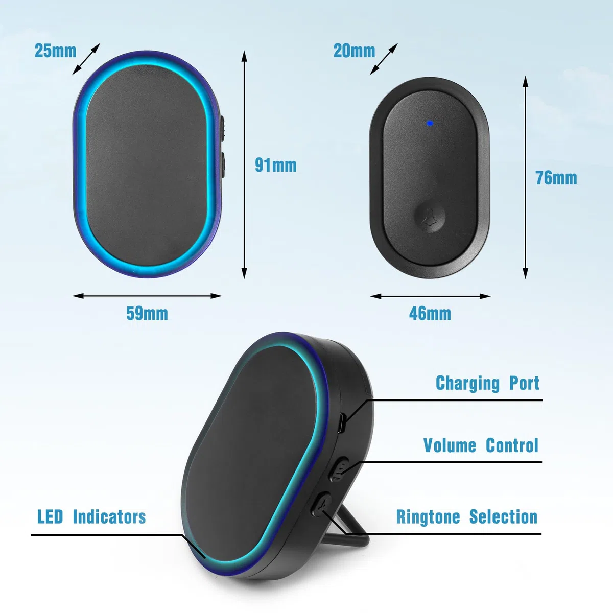 Brencco Campanello Senza Fili da Esterno, IP55 Citofono Senza Fili da Esterno, 300M Campanello Wireless, Ricevitore da Interno con 5 Volumi Regolabili, 60 Suonerie, Nero