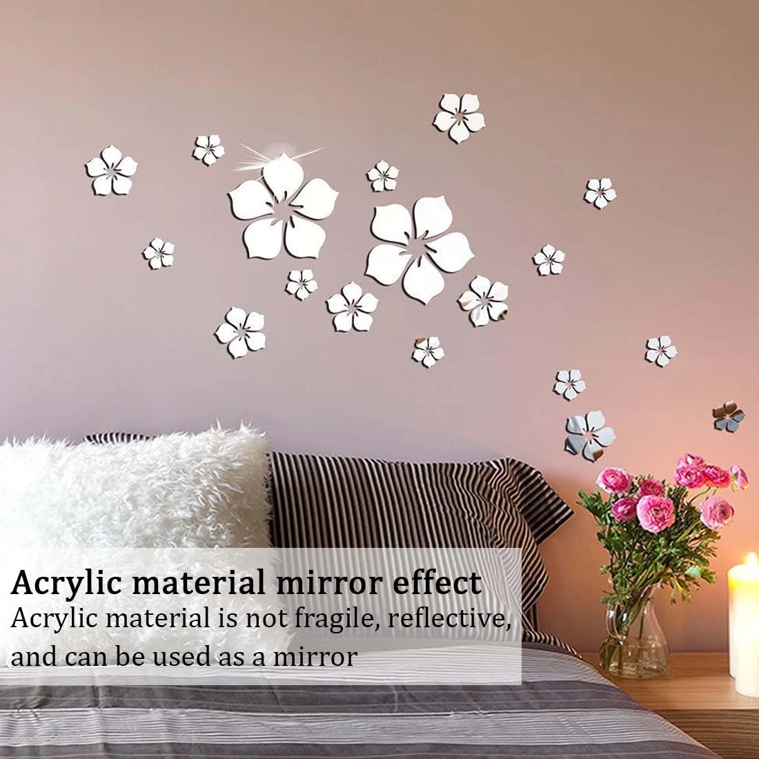 Adesivi Murali Floreali di Cristallo 3D,Removibile Adesivi da Parete a Specchio, Fai dante Adesivi Murali Decorazione da Muro per Casa/Hotel/Salotto/Camera da Letto/Cucina