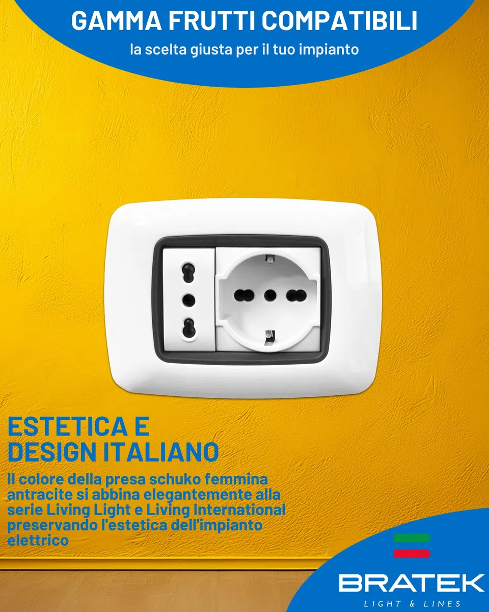 Bratek 2 Prese Schuko Compatibili Bticino Living Light e International 2P+T 10/16A - Presa Elettrica da Muro Tedesca + Bipasso Italiana Bianco per Supporti B Ticino Livinglight e Living International