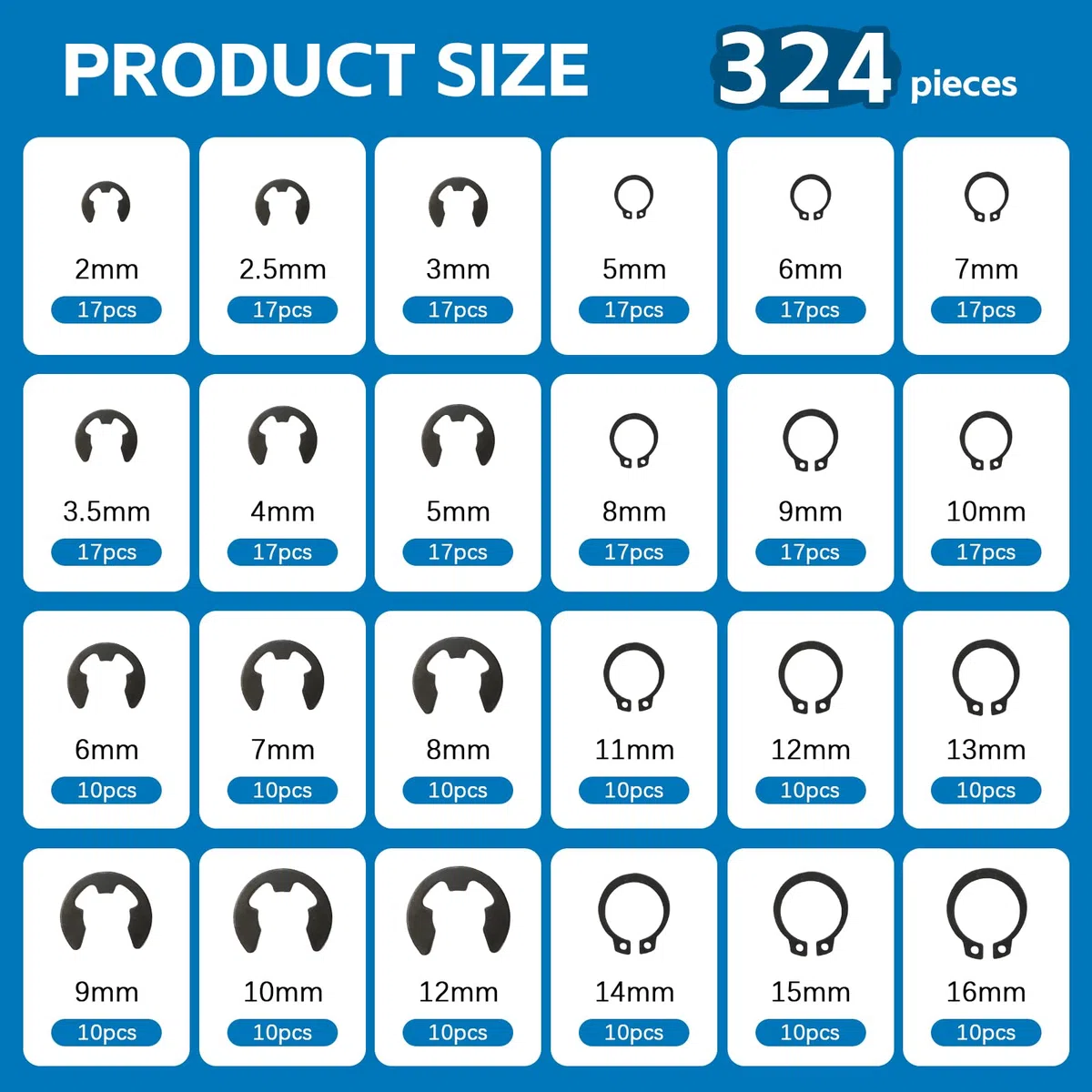 324 Pezzi Anelli di Sicurezza Esterna，C-clips anelli di sicurezza，E-clips Anelli Elastici，Rondelle di Sicurezza, Scatto Esterna E-clip Anello Seeger di Sicurezza，per Fissaggio di Cuscinetti，Ingranaggi