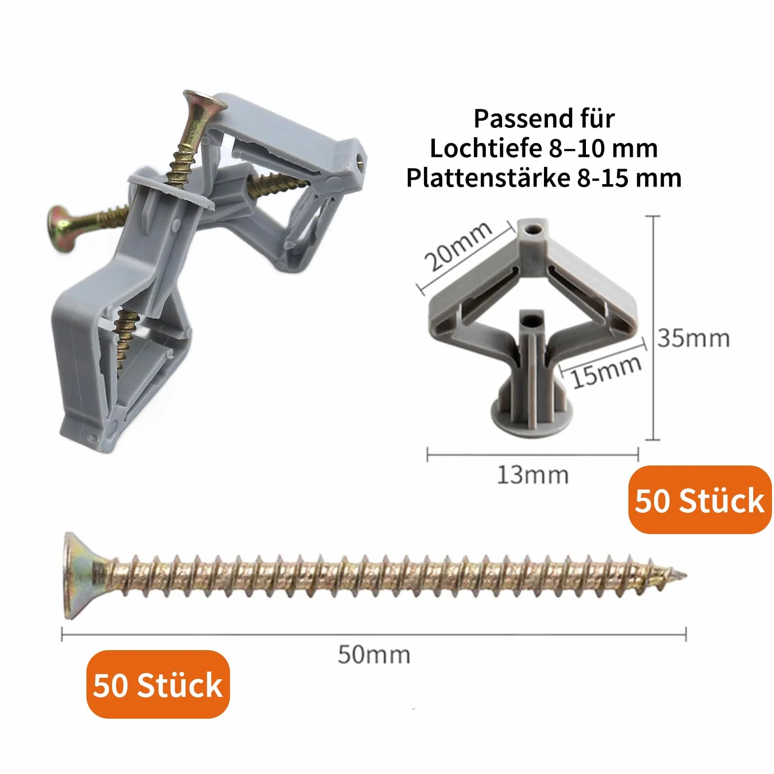 Set tasselli per cartongesso M8, 100 tasselli per cavità con viti, tasselli per cartongesso con viti (50 tasselli, 50 viti), viti e tasselli per cavità a farfalla