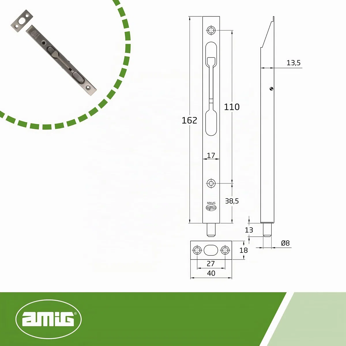 Amig - Perno per Incasso - Chiusura Automatica Verticale - Adatto per Porte in Legno - Sicurezza per Bagno e Camera - Acciaio Durevole, Multicolore