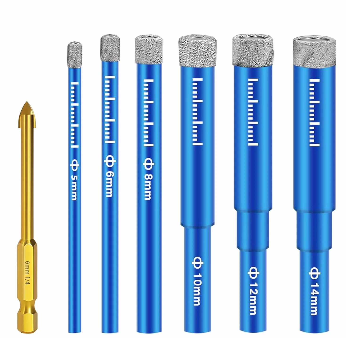 7 Pezzi Gres Porcellanato Punte Trapano 5/6/8/10/12/14mm,Set di Punte per Granito con 6 mm Carbide Punte,per Vetro, Ceramica, Granito, Marmo