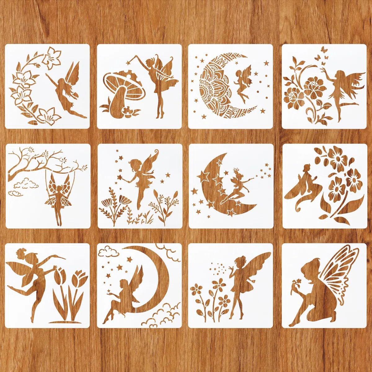 MWOOT 12 Pezzi Stencil per Pittura Fata, Angelo Luna Fiore Stencil Muro Riutilizzabile, Kit Stencil Plastica Disegno per DIY Pavimento Parete Tela Mobili Piastrelle Decorazioni (20x20cm)