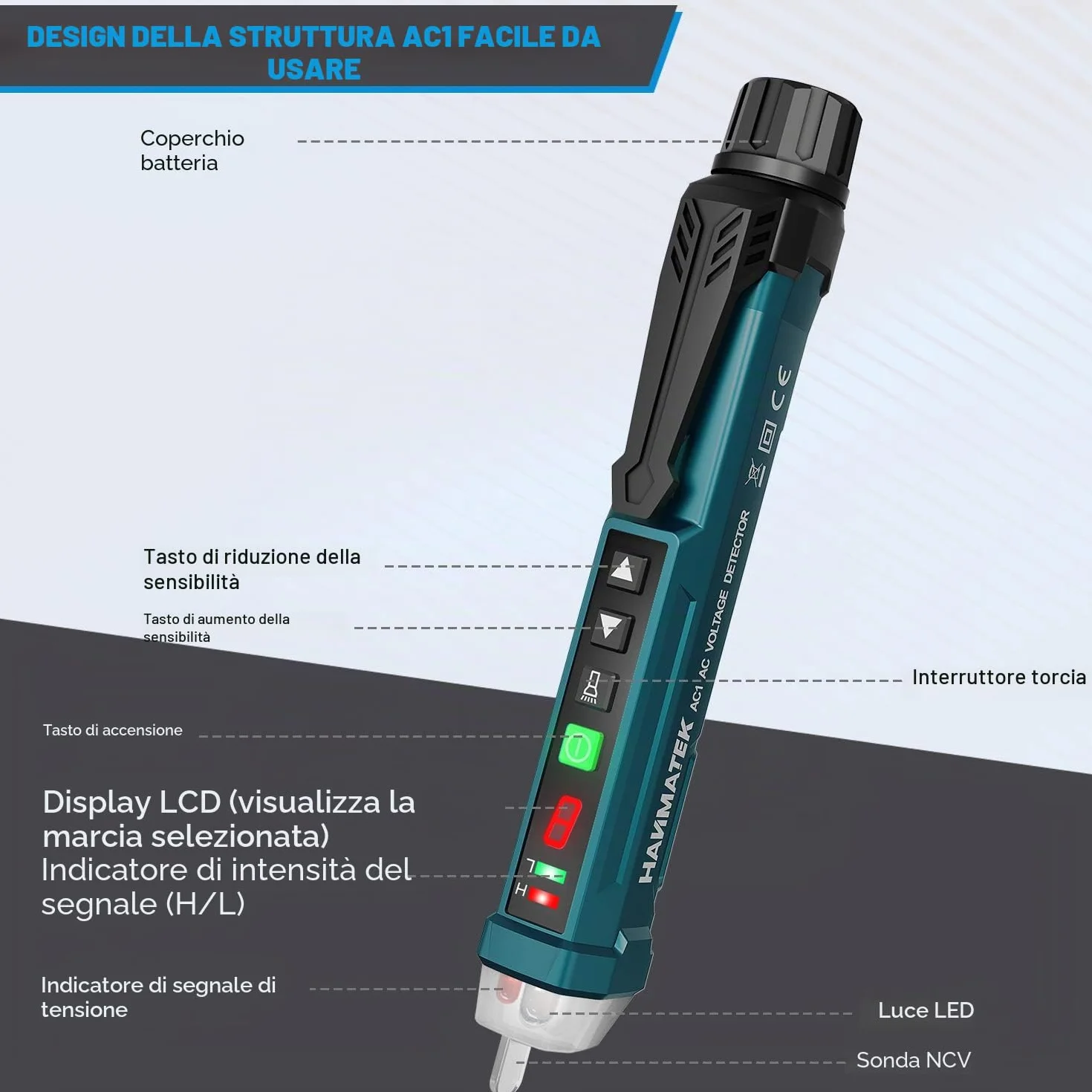 Rilevatore di tensione senza contatto, HANMATEK AC1 Sensibilità Regolabile/Display LCD/LED Torcia elettrica/Doppia portata 12 V/48 V-1000 V