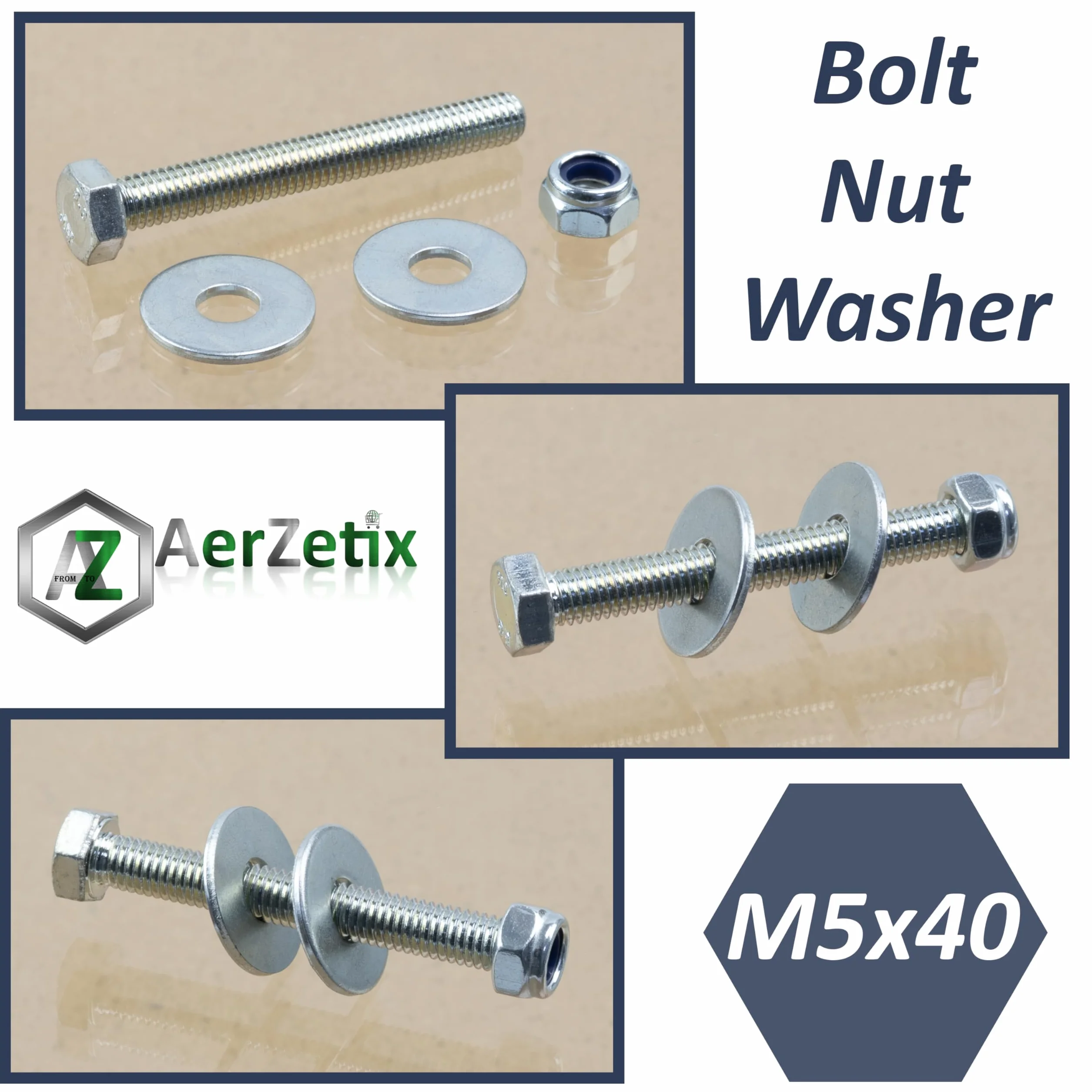 AERZETIX Set di 25 bulloni a testa esagonale M5x40 mm + 50 rondelle larghe + 25 dadi esagonali autobloccanti M5 in acciaio