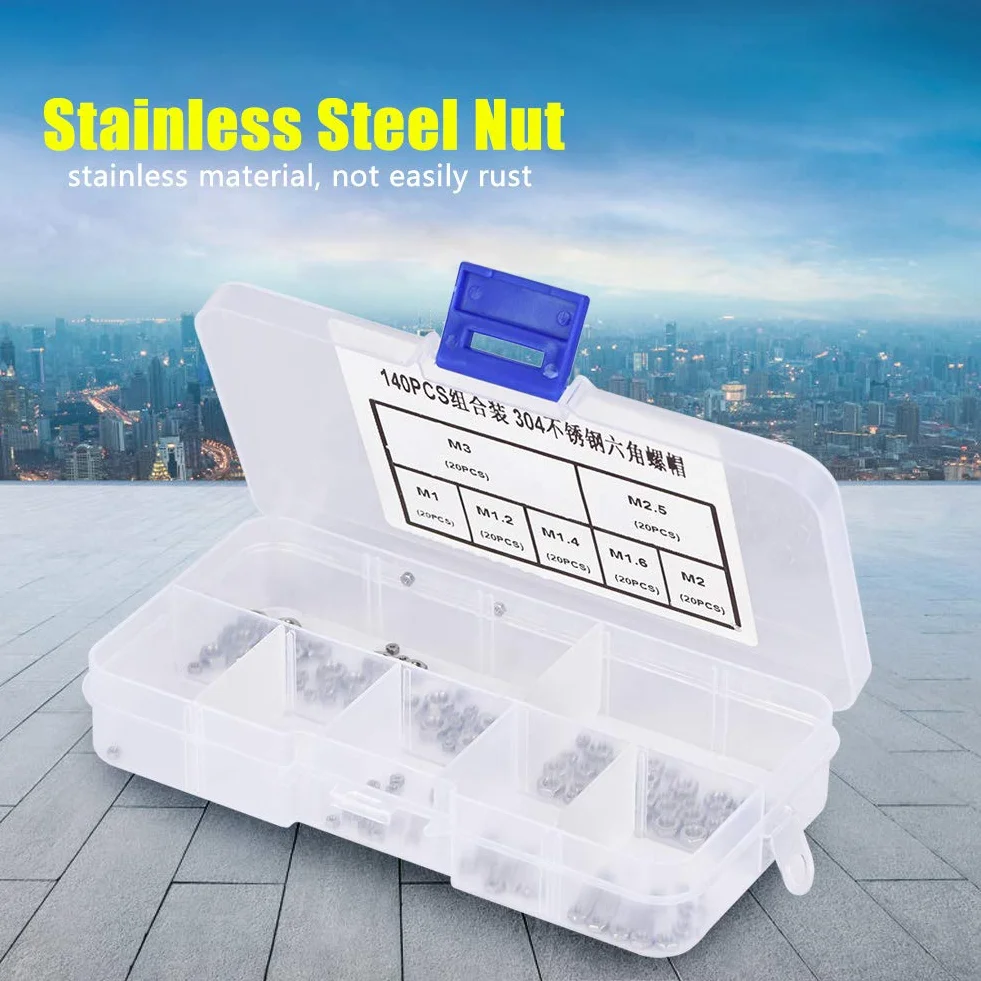Assortimento Dadi di Bloccaggio, 140 Pezzi M1 M1.2 M1.4 M1.6 M2 M2.5 M3 Kit di Assortimento di Dadi Esagonali in Acciaio Inossidabile con Filettatura per Viti Bulloni di Fissaggio Filettati