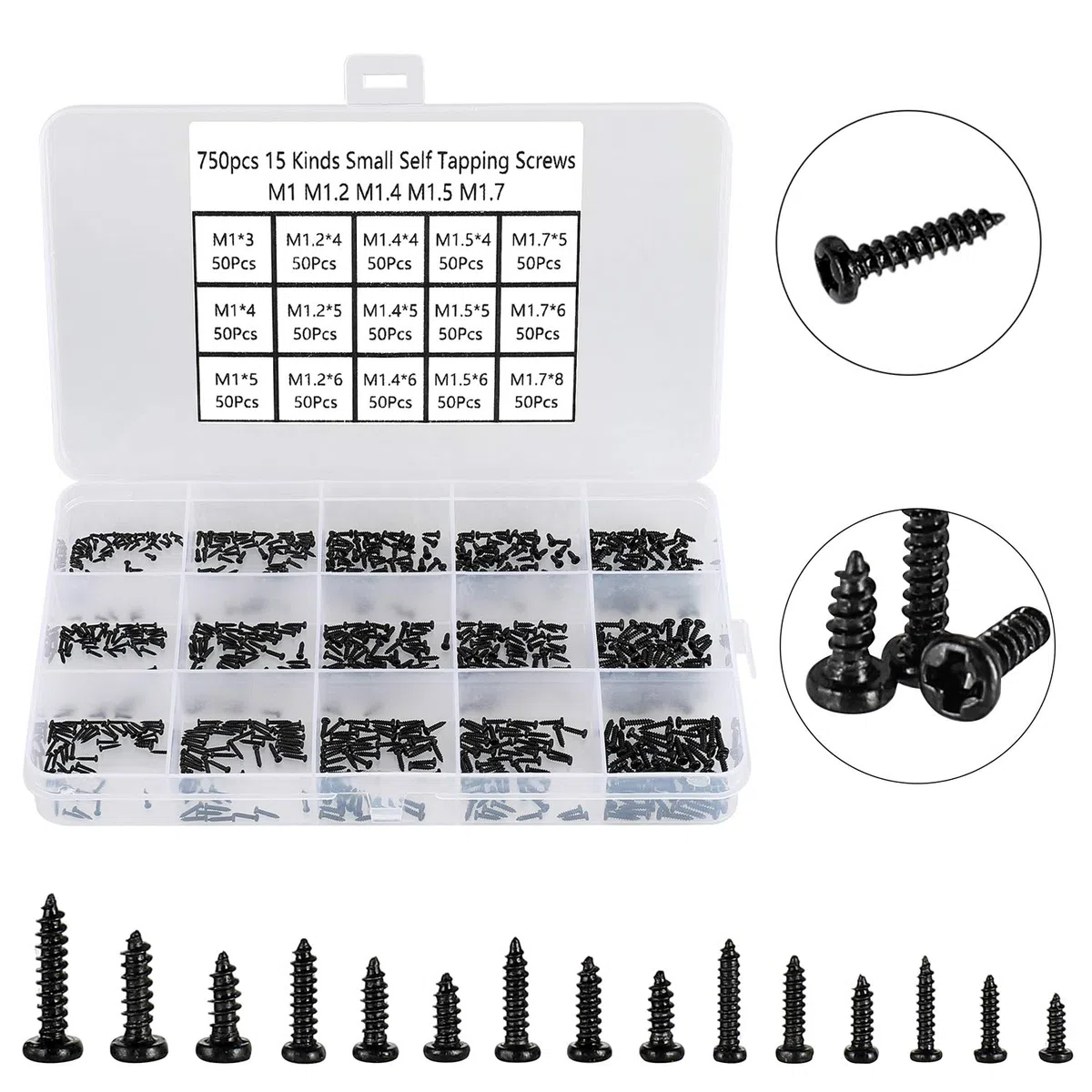 750 pezzi piccole viti a croce a testa tonda, mini viti autofilettanti 15 tipi M1 M1.2 M1.4 M1.5 M1.7 nero - micro viti di riparazione elettronica, per telefoni occhiali da polso.