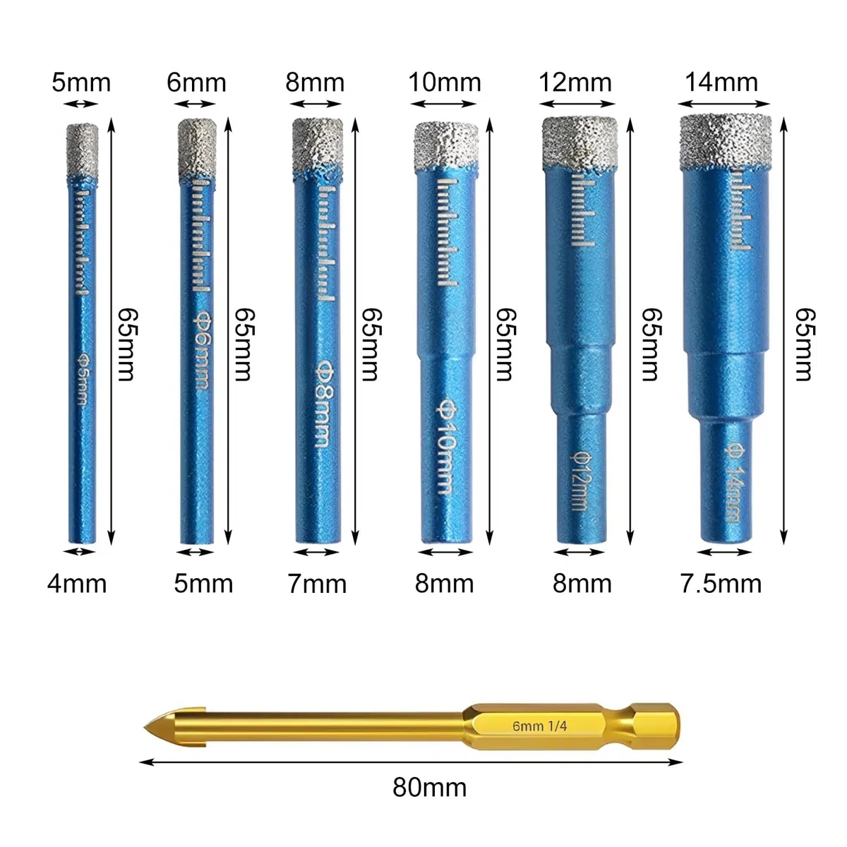7 Pezzi Gres Porcellanato Punte Trapano 5/6/8/10/12/14mm,Set di Punte per Granito con 6 mm Carbide Punte,per Vetro, Ceramica, Granito, Marmo