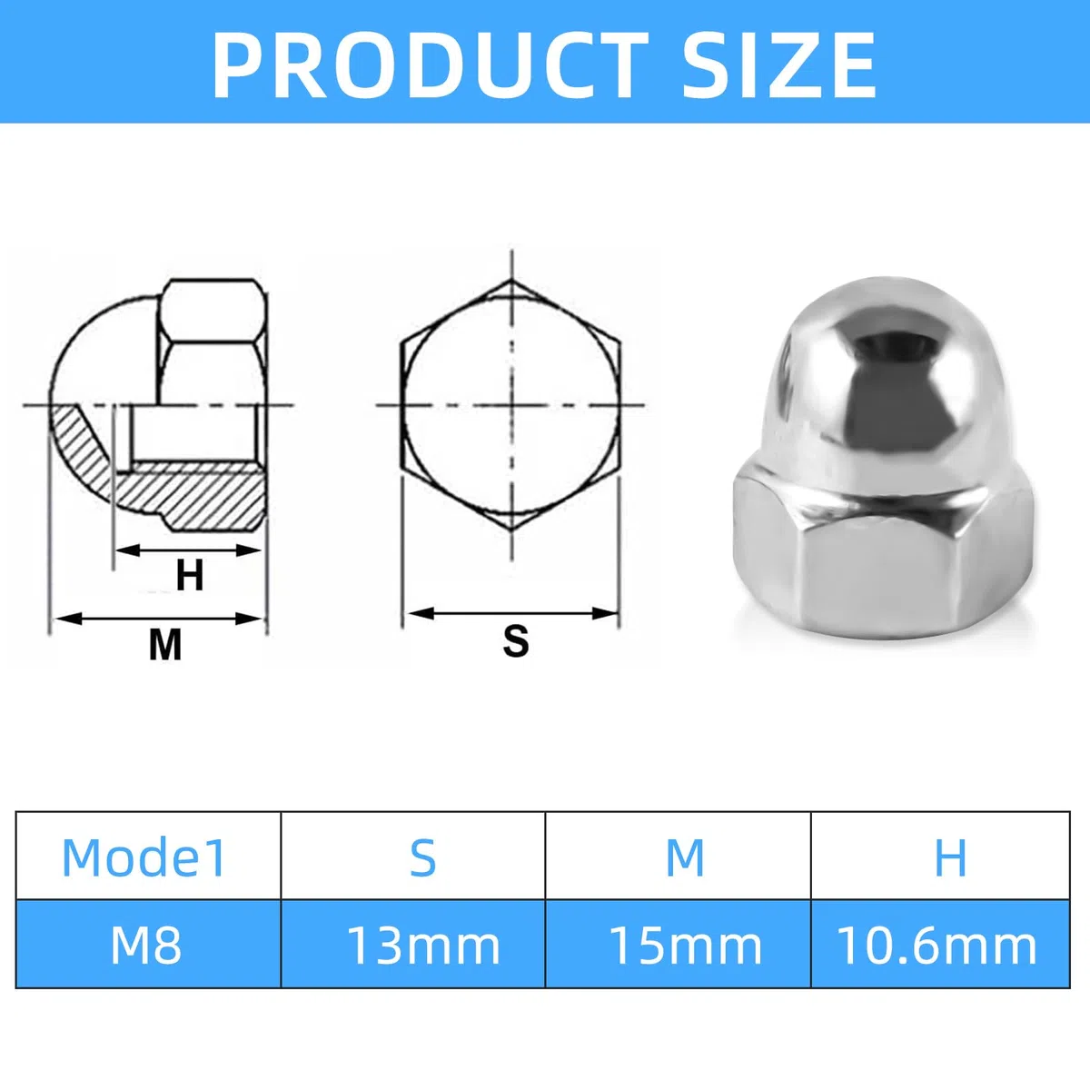 50 pezzi Dadi Ciechi M8 Acciaio Inox Esagonali DIN 1587 Set Dadi Ciechi Alti M8 per Viti, Bulloni Filettati, Barre Filettate