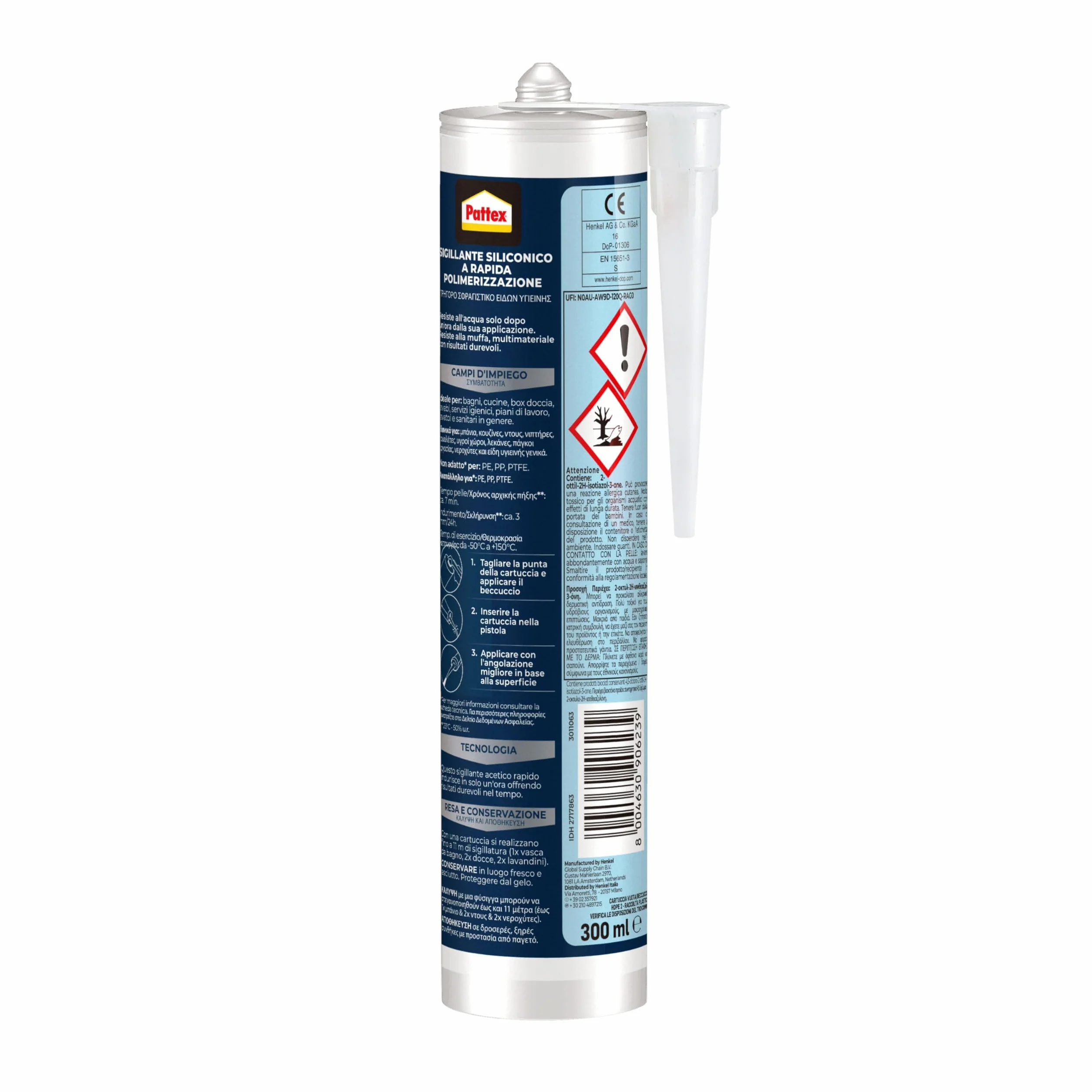 Pattex Bagni&Cucine Rapido Trasparente, Silicone sigillante trasparente ad asciugatura rapida, impermeabile antimuffa 1x300ml