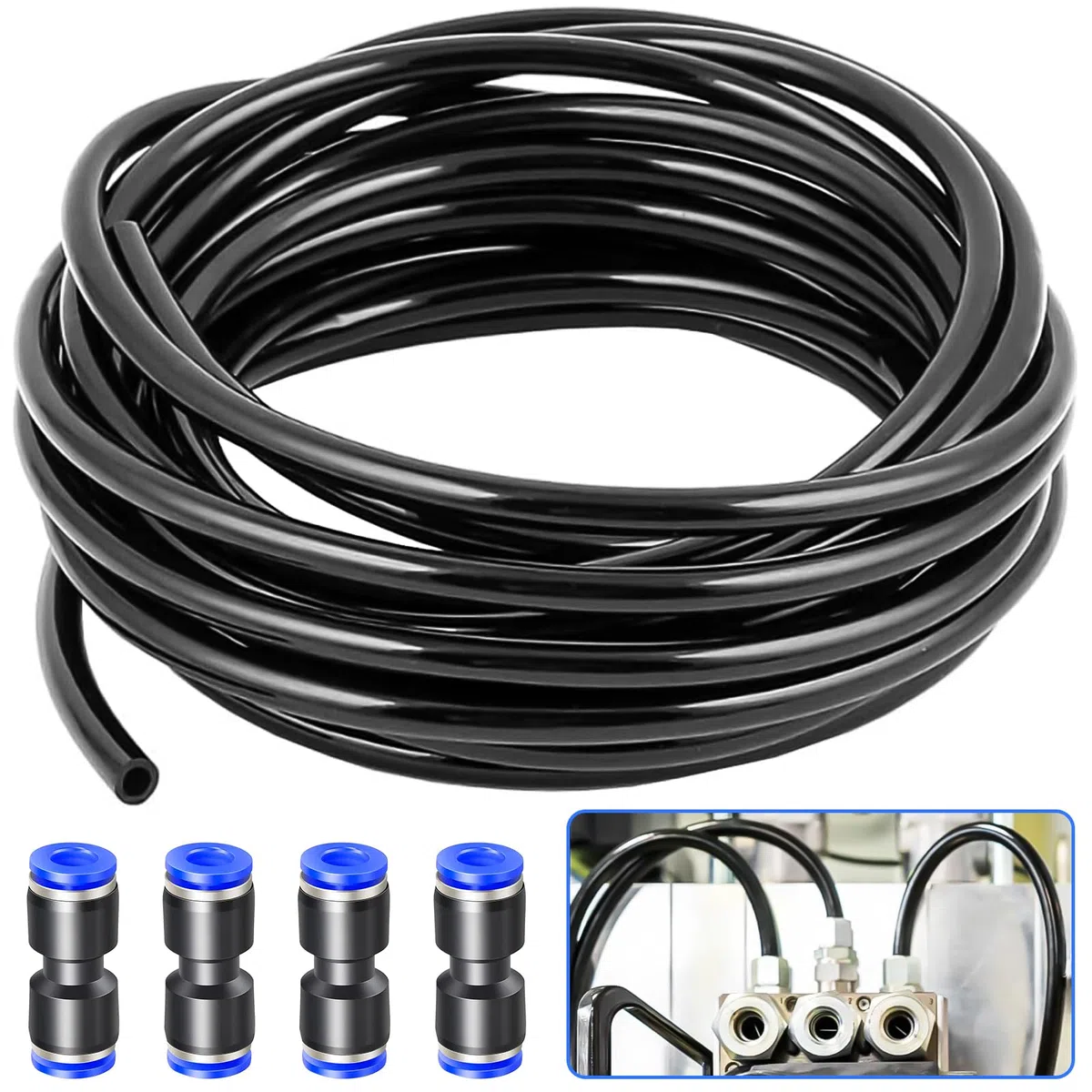 Tubo pneumatico da 20 m, tubo pneumatico da 6 mm con 4 connettori pneumatici, tubo dell'aria compressa per dispositivi pneumatici, industria e casa (nero)