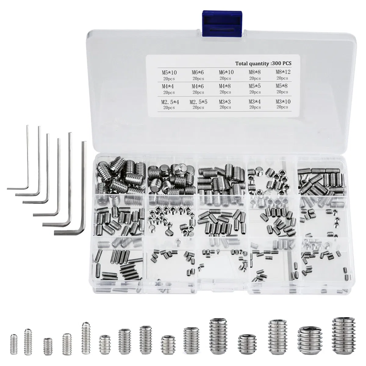 Tunejoy Viti Senza Testa M2.5 M3 M4 M5 M6 M8 Viti a Grano Esagonale Vite Grani in Acciaio Inossidabile Assortimento Kit con Chiavi Brugola 300 Pezzi
