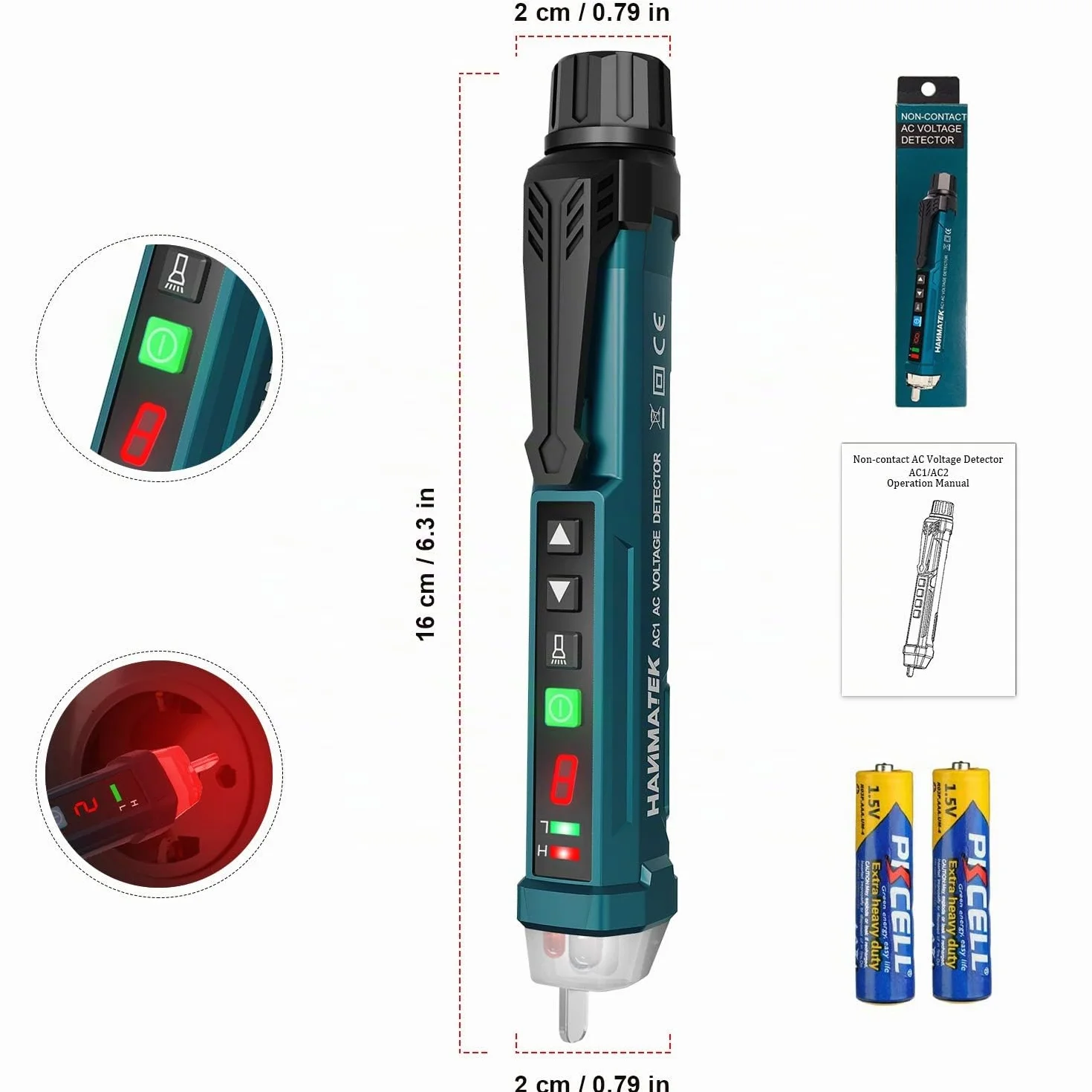 Rilevatore di tensione senza contatto, HANMATEK AC1 Sensibilità Regolabile/Display LCD/LED Torcia elettrica/Doppia portata 12 V/48 V-1000 V