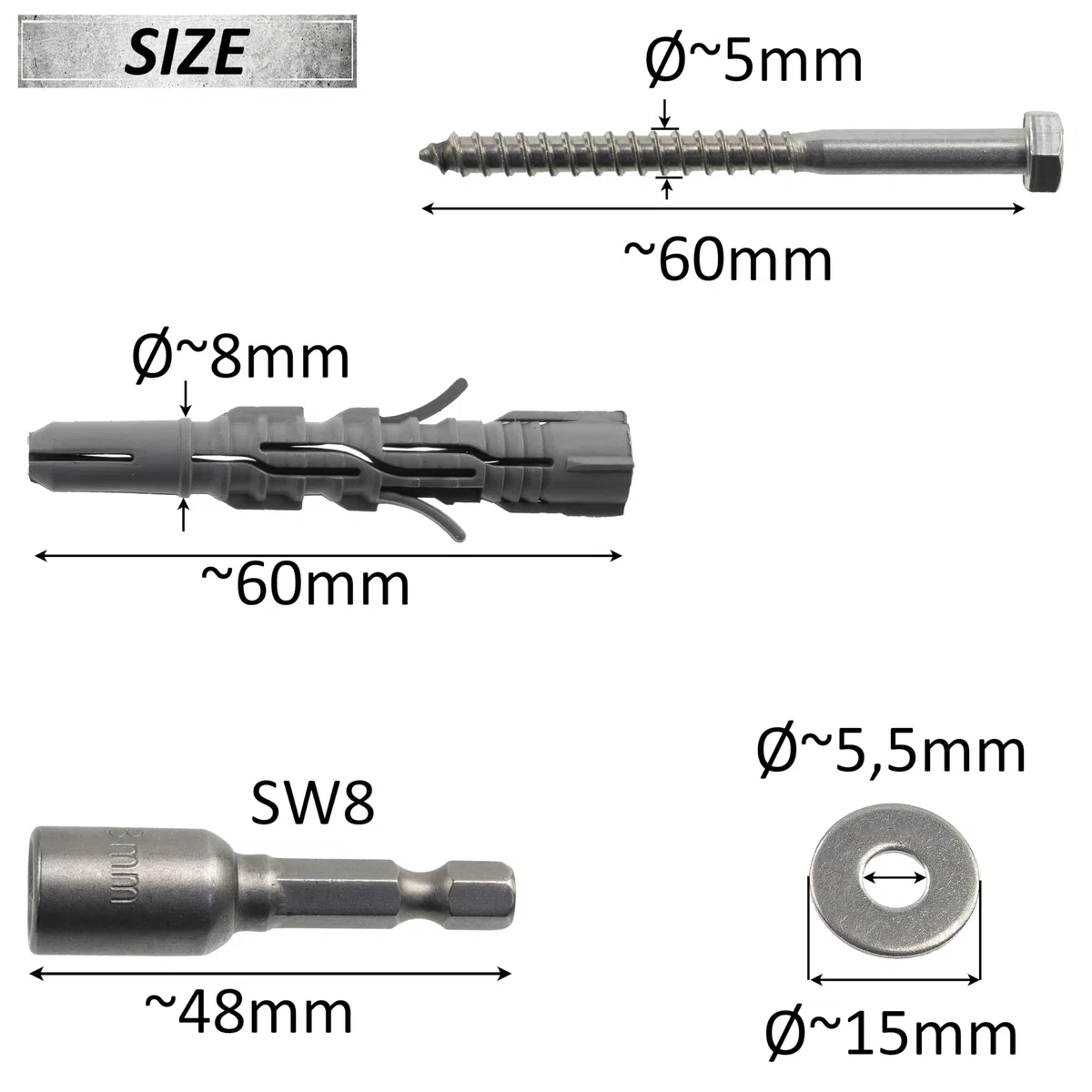 AERZETIX - Kit di 8 tasselli in nylon Ø8x60 mm + 8 viti tirafondo Ø5x60 mm inossidabile A2 + 8 rondelle larghe A2 per vite M5 + 1 bussola esagonale interna 1/4" SW8