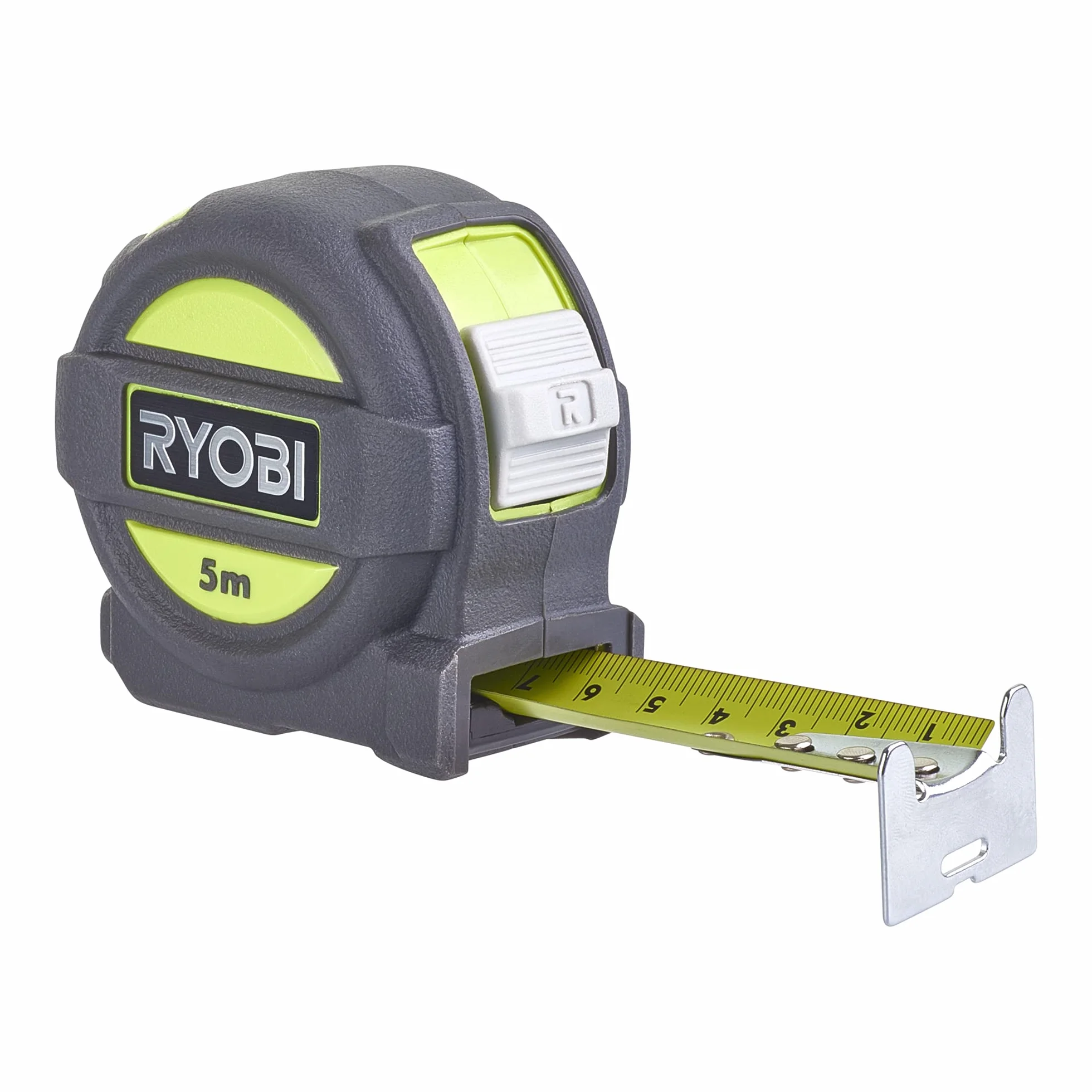Ryobi RTM5M Metro a Nastro 5 Metri, Anti-Flessione, Guscio Gommato Anti-Urto, Blocco a Pulsante