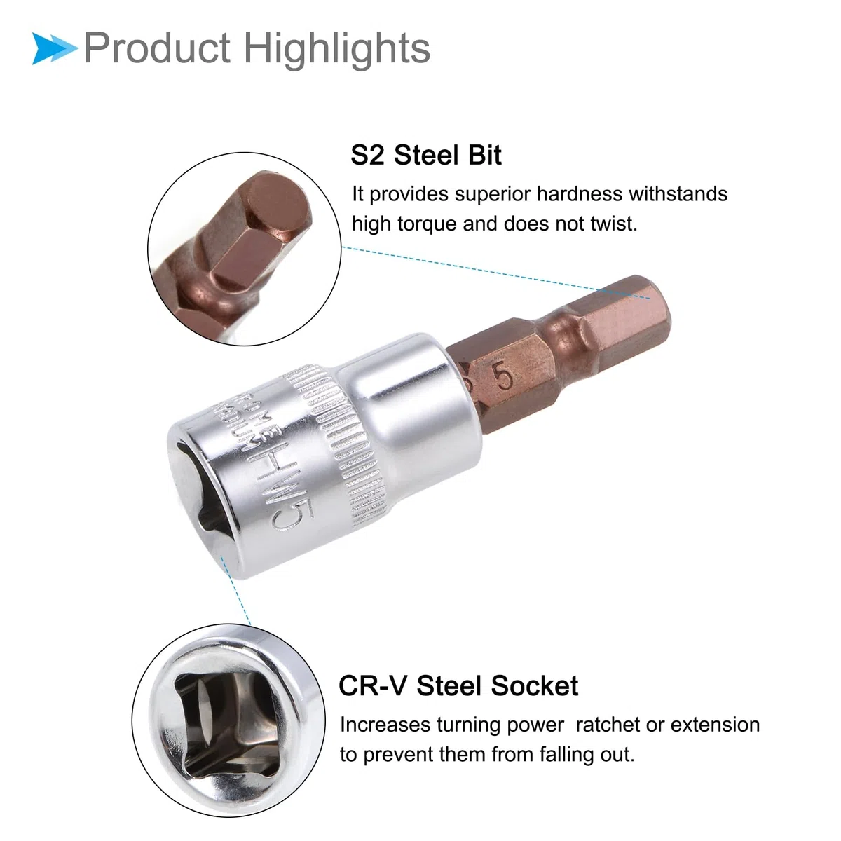Chiave Esagonale a Bussola, Metrico H5 (5mm) Punta 1/4" Attacco 1,5" Lungo, Acciaio Legato S2 Temprato al Cromo-Vanadio - (Applicazioni: per Applicazioni Fissaggio) 2pz
