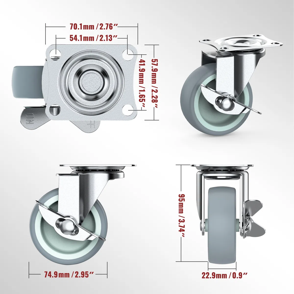 HOLKIE Ruota per mobili da 75 mm con freno laterale, silenziosa e resistente all'usura, utilizzata per mobili, banco da lavoro o altre applicazioni. Capacità di carico massima 227 kg