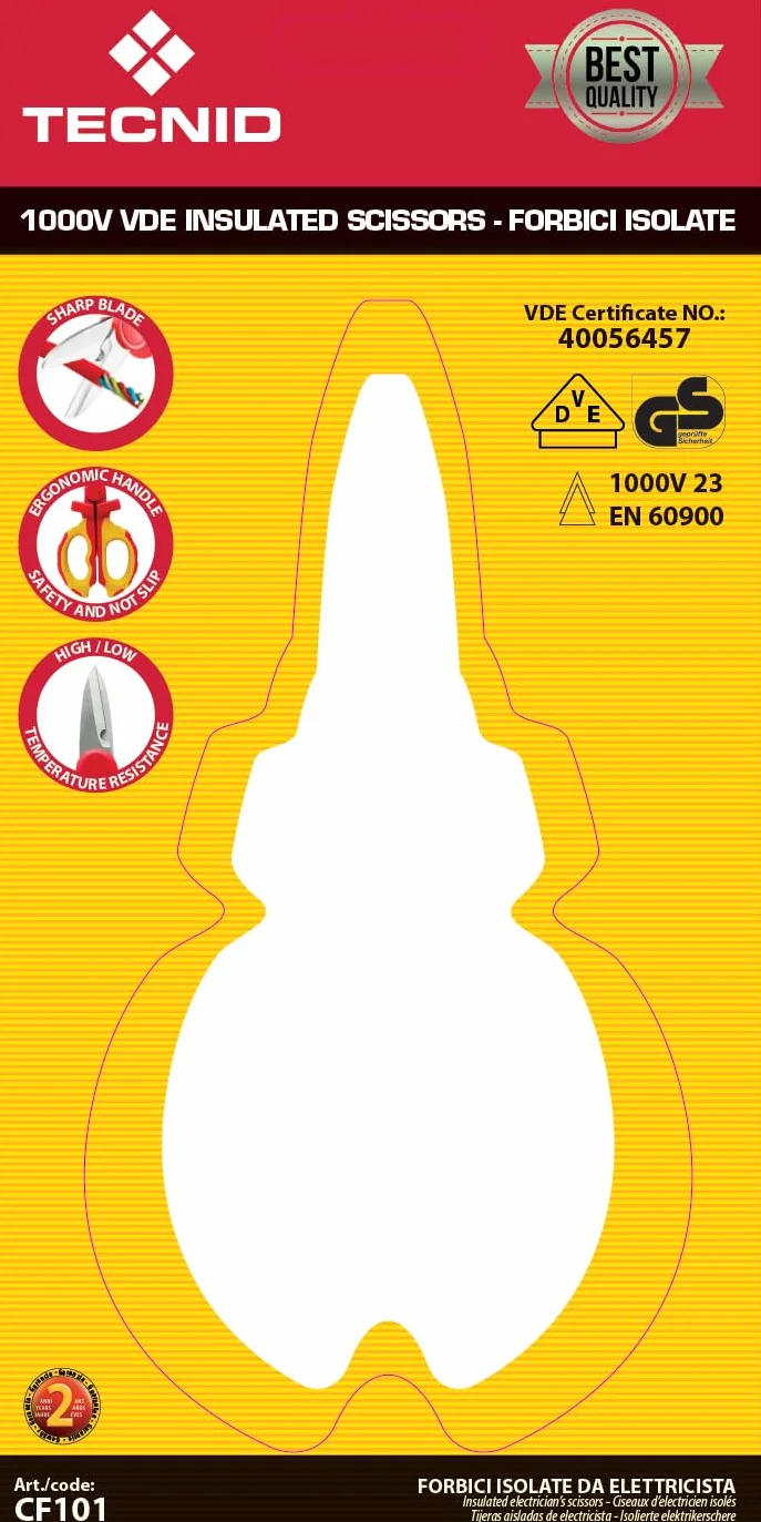 Velamp Forbici Isolate da Elettricista 1000 V – VDE, lame in acciaio temprato con microseghettatura e sguainacavi, impugnatura ergonomica antiscivolo