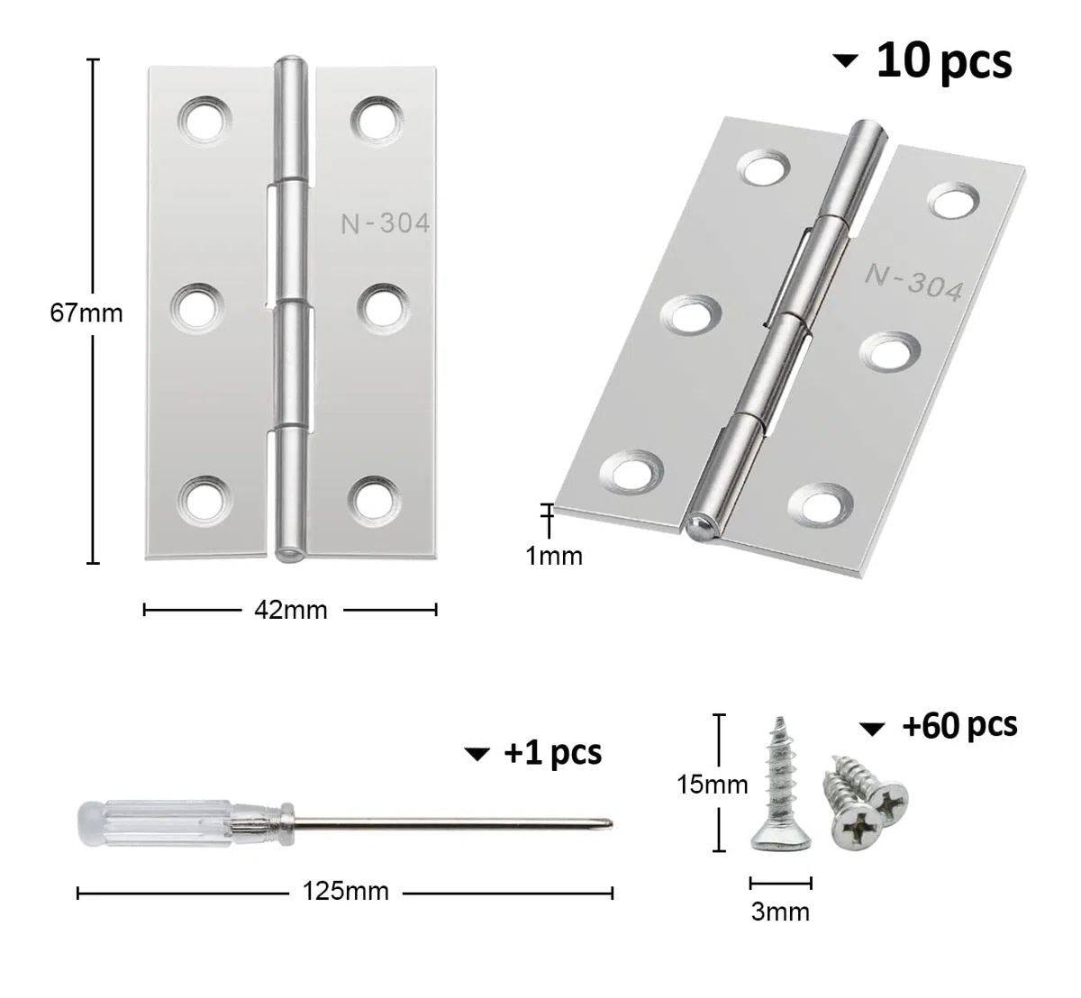 Anstore Cerniere Pieghevoli da 67x42x1cm in Acciaio Inox - Set 10 Pezzi con 60 Viti 15x3mm per Porte Interne, Legno, Finestre, Armadi, Scatole