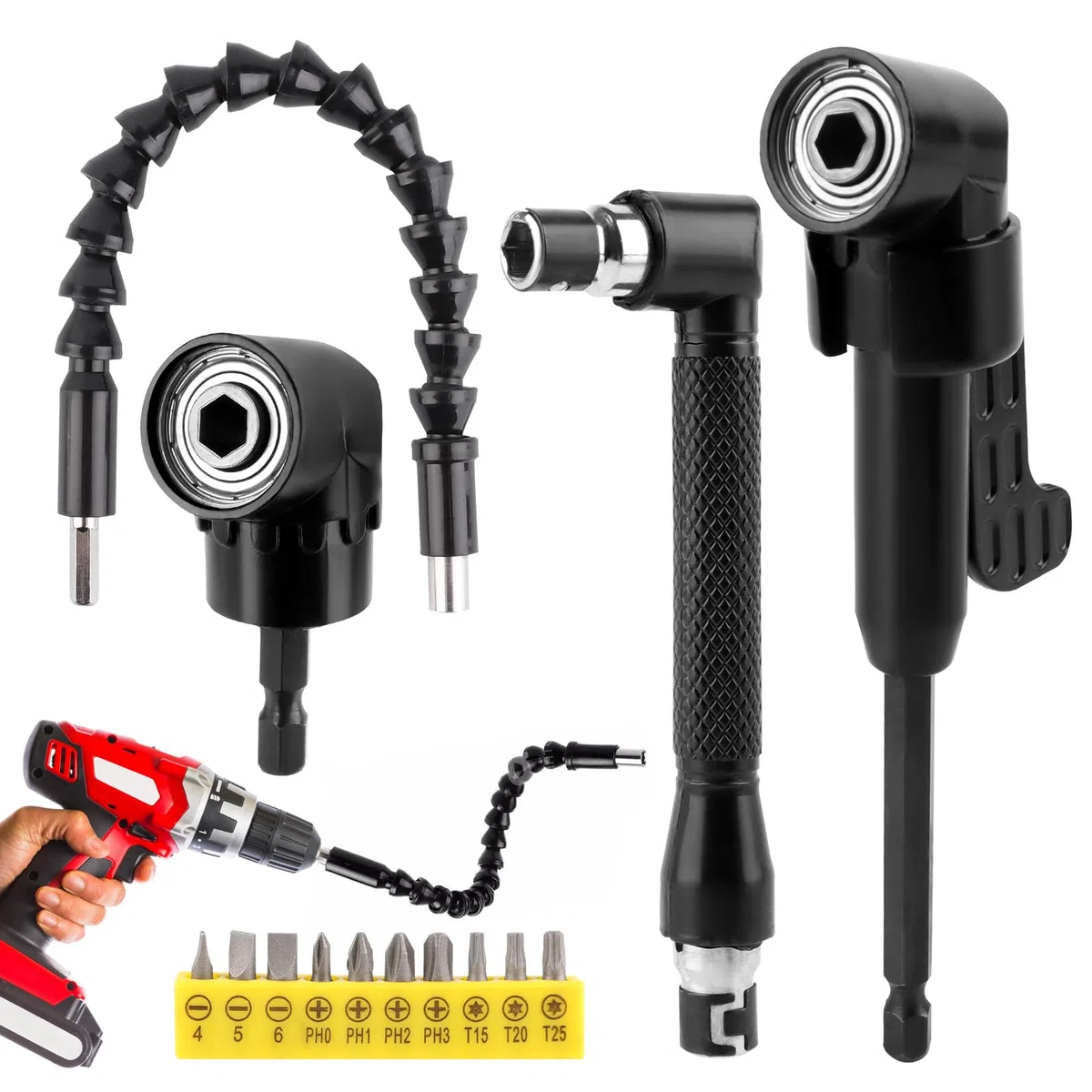 NVIYAM 14 Pezzi Trapano Mandrino Avvitatore Angolare Kit, 105 Gradi Prolunga Accessori Snodo Avvitatore, Prolunga Flessibile per Trapano Elettrico, Cacciavite a Angolo Retto