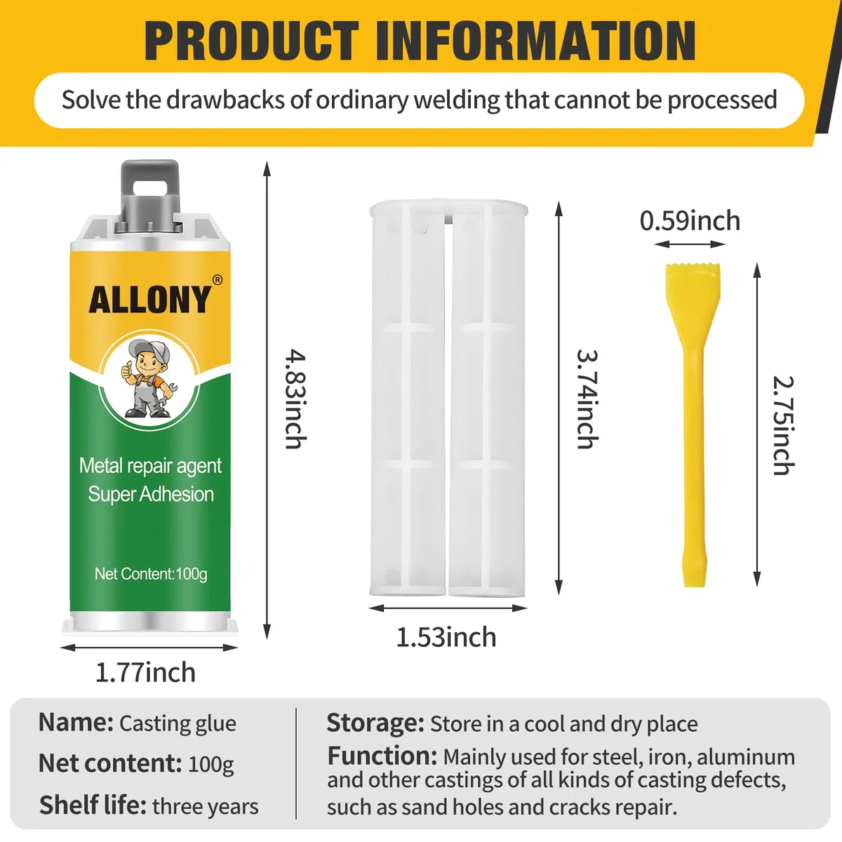 Allony Colla Bicomponente per Metallo, 2 Pezzi Metal Repair Paste, Bicomponente per Metalli, AB Colla Metallica, Pasta per Riparazione Metallo Saldato per Acciaio, Ghisa (100G*2)