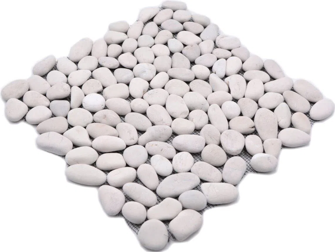 Foglio di mosaico con ciottoli di pietra levigata di colore bianco, ideale per rivestire pareti di bagno, WC, doccia, cucina, rivestimento a mosaico per pareti e vasche da bagno