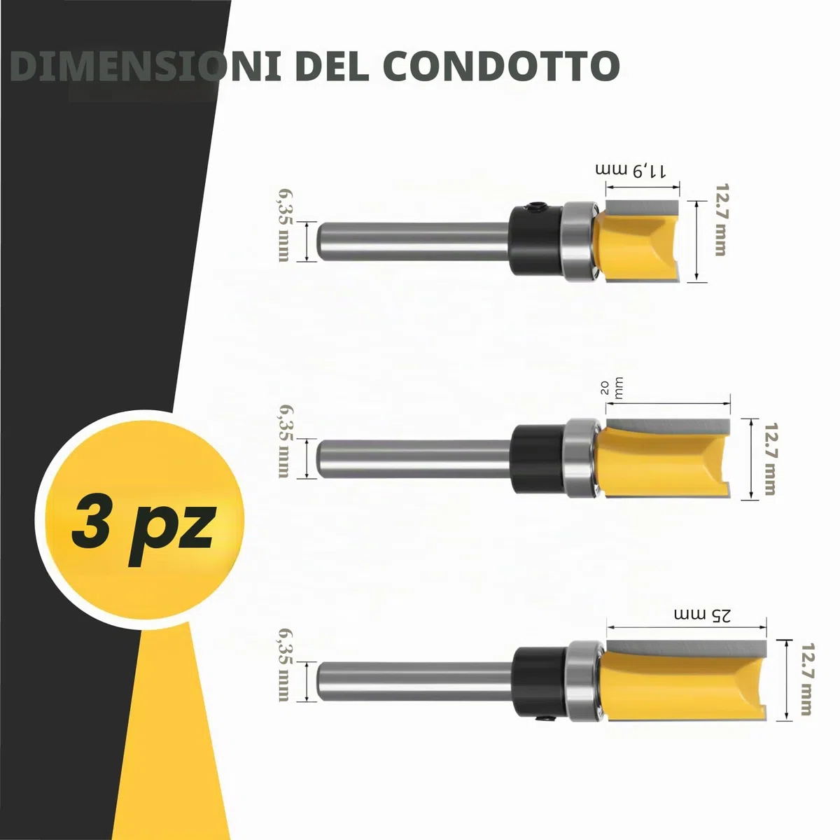 punte fresa legno 6mm 3pcs, set frese per legno per diverse tacche di profondità, Set di frese dritte, fresa per legno, frese per legno
