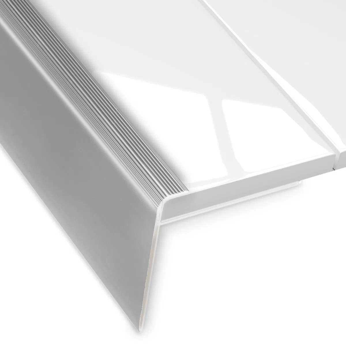 Profilo per bordi per gradini di sicurezza, forma a F, profilo paragradino per scale, per pavimenti con altezza di 7-8 mm, con Materiale di montaggio. Lunghezza: 90 cm. Altezza: 53 mm, Argento