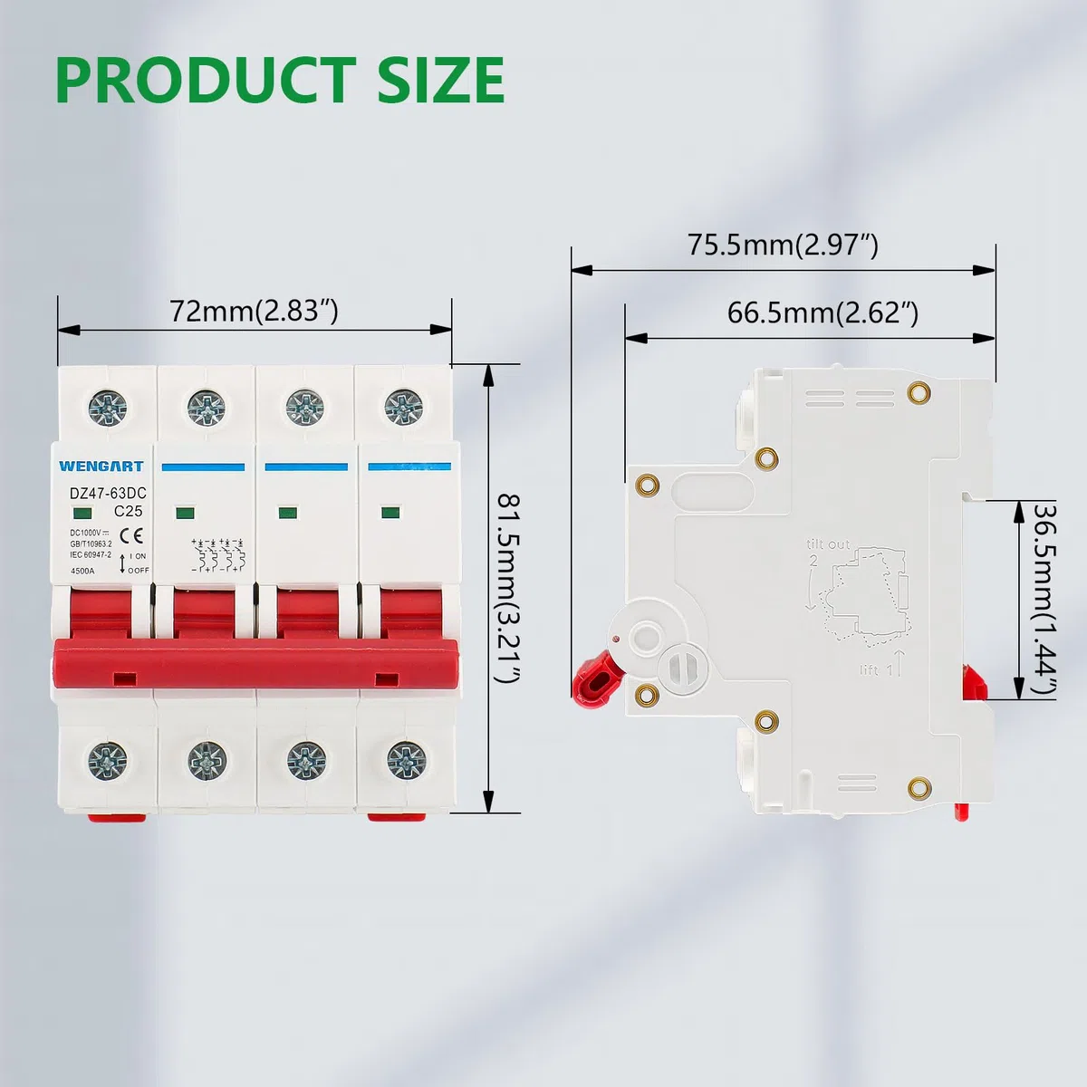 Wengart Interruttore Magnetotermico DC 4 Poli, 1000V 25A, Sezionatore Fotovoltaico per Alta Tensione, Protezione Stringa Solare e Batterie, Interruttore Automatico Professionale per Impianti Off-Grid