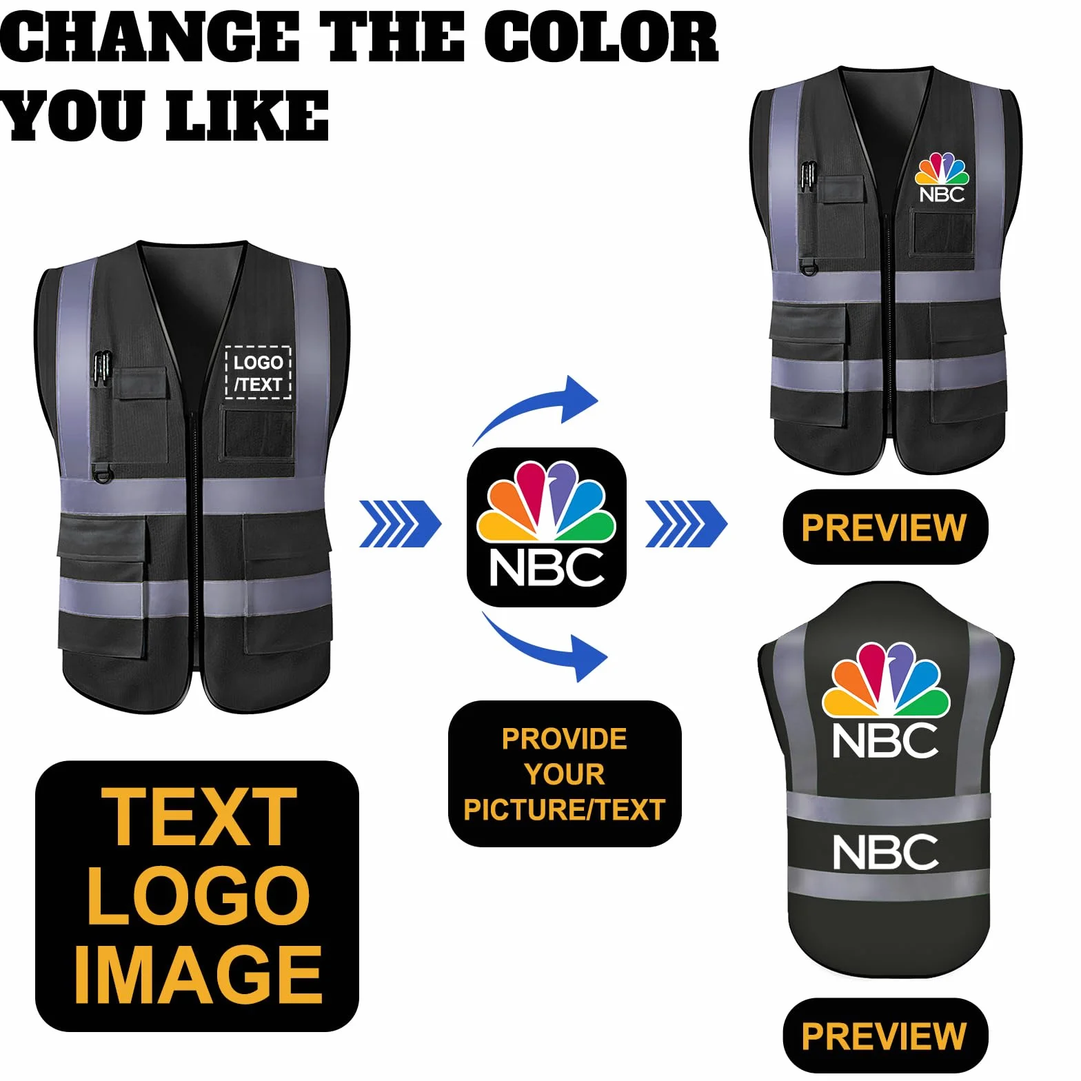 Gilet di sicurezza personalizzato per uomo, abbigliamento da lavoro protettivo riflettente ad alta visibilità con 5 tasche per la costruzione esterna, S ~ 5XL