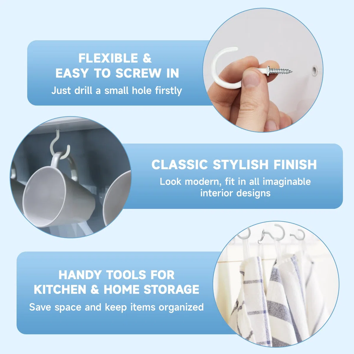 KINGLAKE 12 pz vite occhio ganci da soffitto a tazza ganci Ganci in acciaio rivestito in plastica, colore: Bianco
