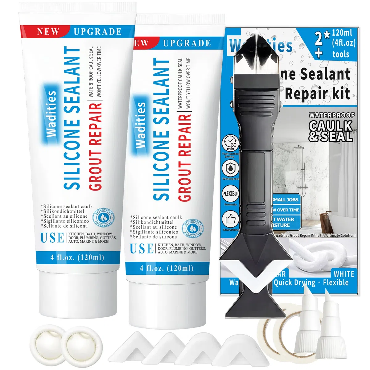 8Oz Bianco Impermeabile Sigillante Silicone Caulk, Wadities Kit per la riparazione delle fughe delle piastrelle con raschietto di rimozione, per bagno, doccia, cucina, pavimento (4Oz, Confezione da 2)