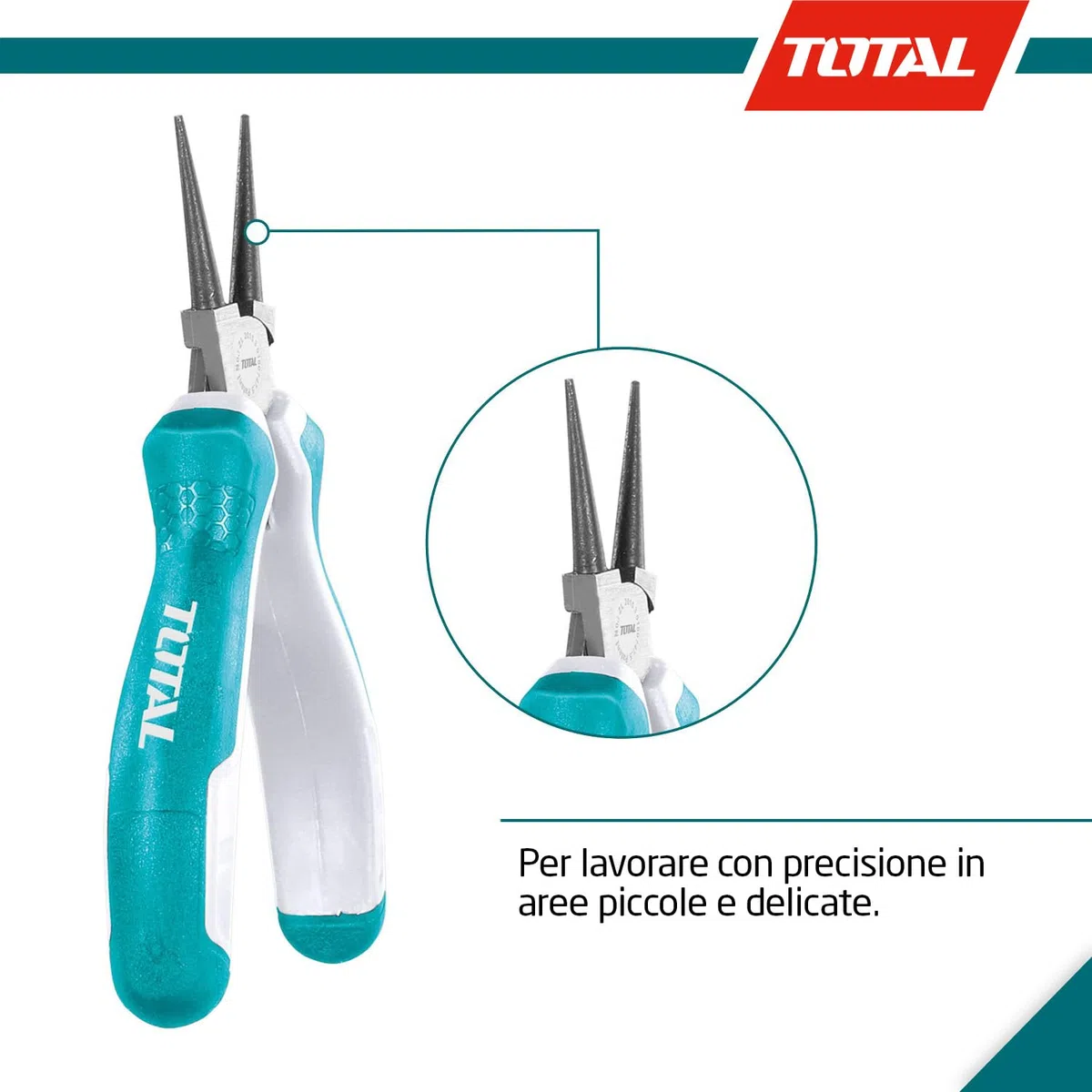 TOTAL - Mini pinze a becchi tondi | 115 mm | Ideale per gioielli | Compatto e versatile | Massima precisione | Realizzato in cromo vanadio | Manico bimateriale