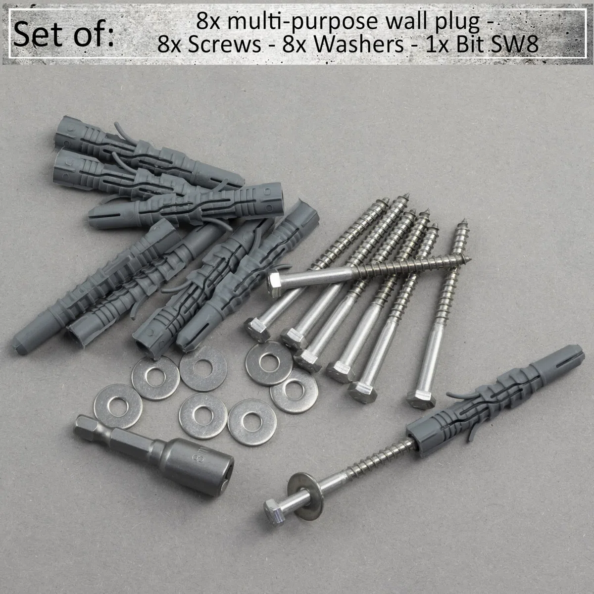 AERZETIX - Kit di 8 tasselli in nylon Ø8x60 mm + 8 viti tirafondo Ø5x60 mm inossidabile A2 + 8 rondelle larghe A2 per vite M5 + 1 bussola esagonale interna 1/4" SW8
