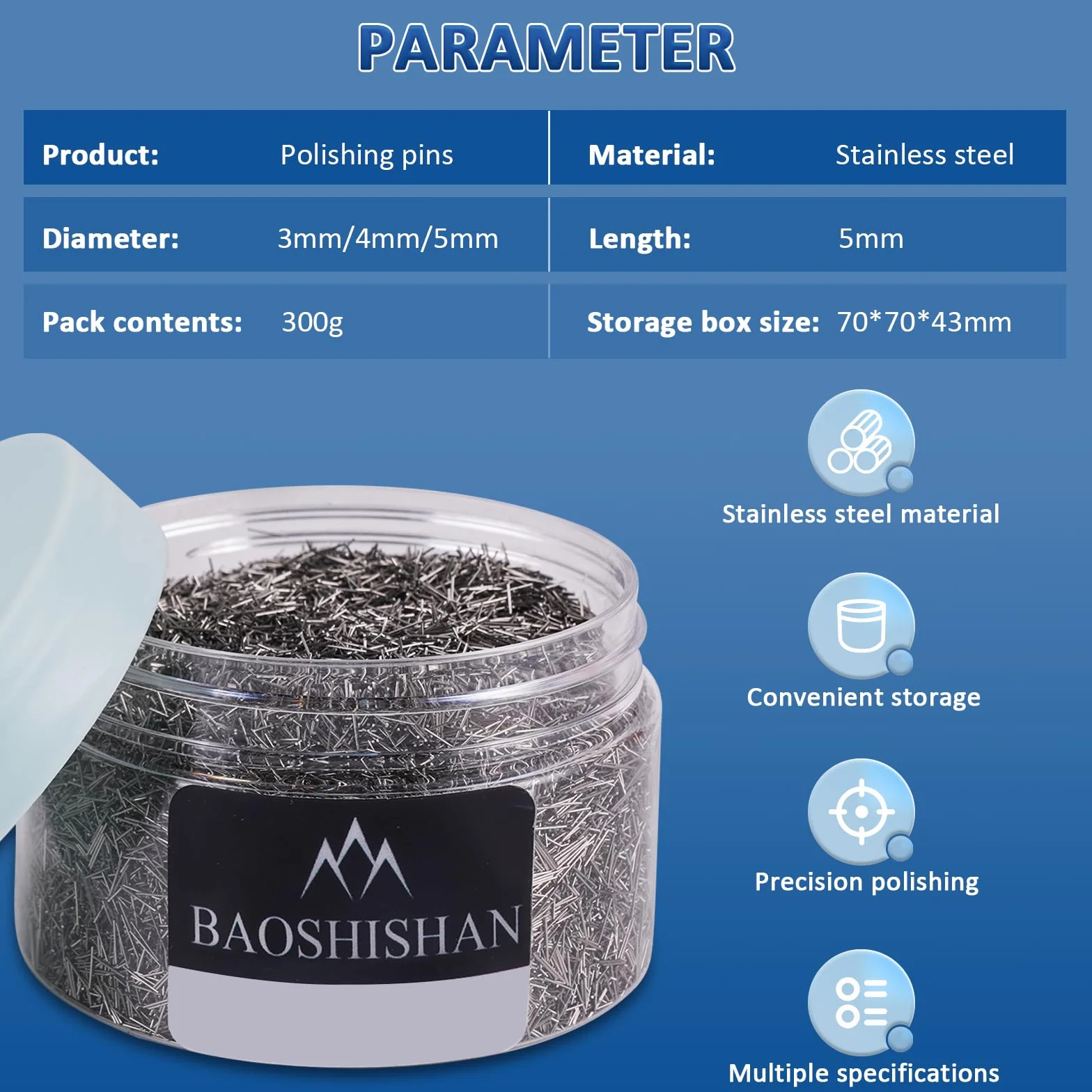 BAOSHISHAN Perni di finitura in acciaio inossidabile per chiavetta magnetica Lucidatrice perni di lucidatura 0.5 × 5mm 300g (0.5 × 5mm, 300g)