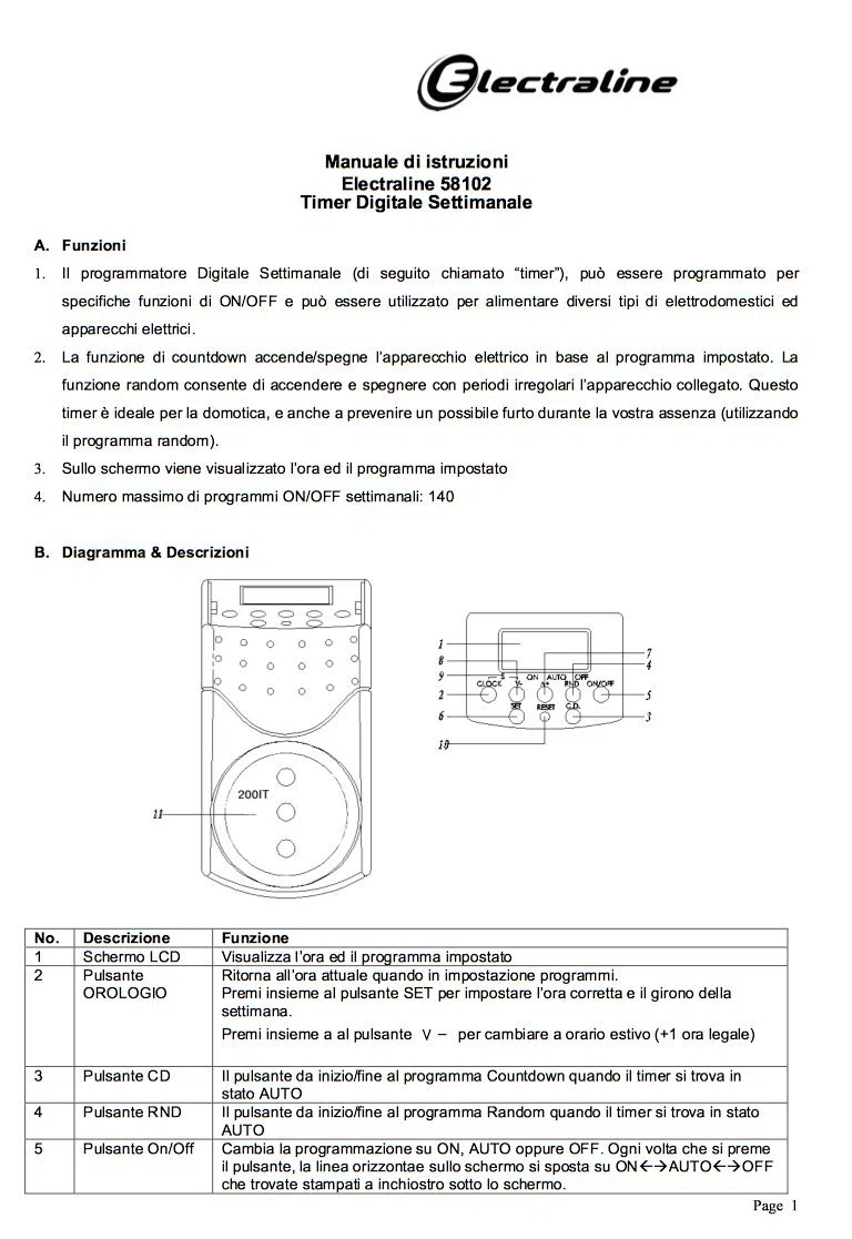 Electraline 58102 Programmatore Timer Digitale, Programmi Settimanali e Giornalieri, Presa Italiana, Bianco, 10/16A