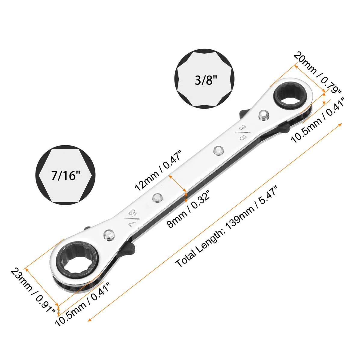 QUARKZMAN Chiave a cricchetto reversibile a doppia testa 3/8" x 7/16" in acciaio CR-V a 180 gradi SAE Doppia testa a 12 punti con 24 denti Regolabile, Argento Grigio