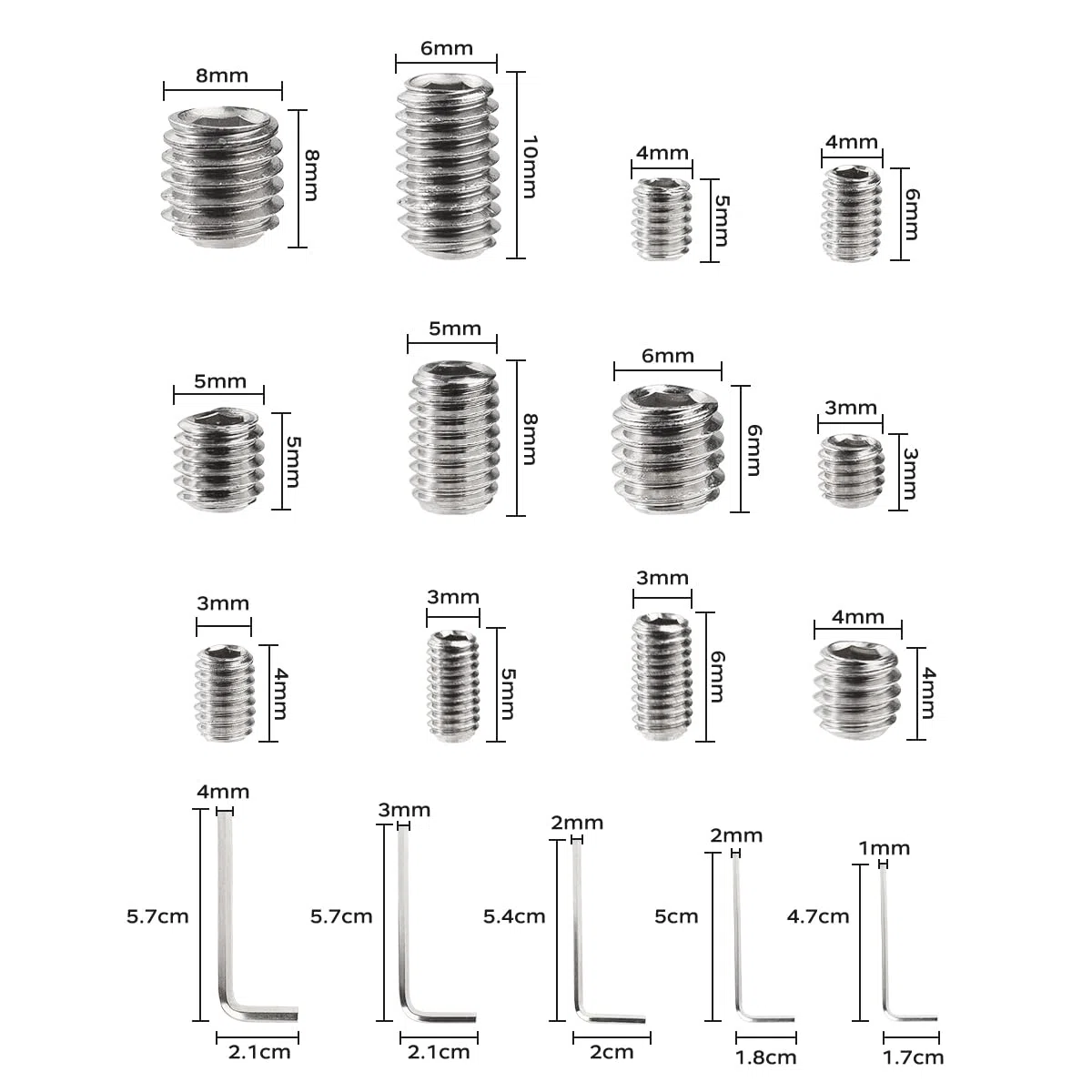 Set assortimento da 250 viti senza testa, grani con chiave a brugola, viti a testa esagonale per maniglie delle porte, rubinetto – M3/M4/M5/M6/M8
