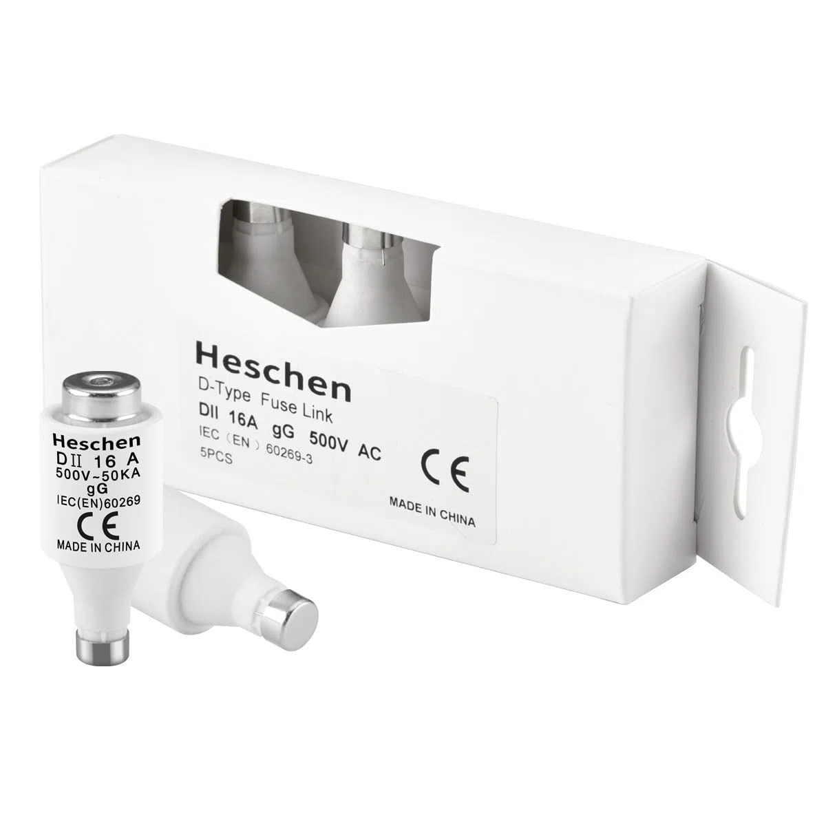 Heschen Collegamenti di fusibile neozed in ceramica, Link fusibile tipo DII, 16A 500VAC, tipo gG, per la protezione di cavi e linee, confezione da 5