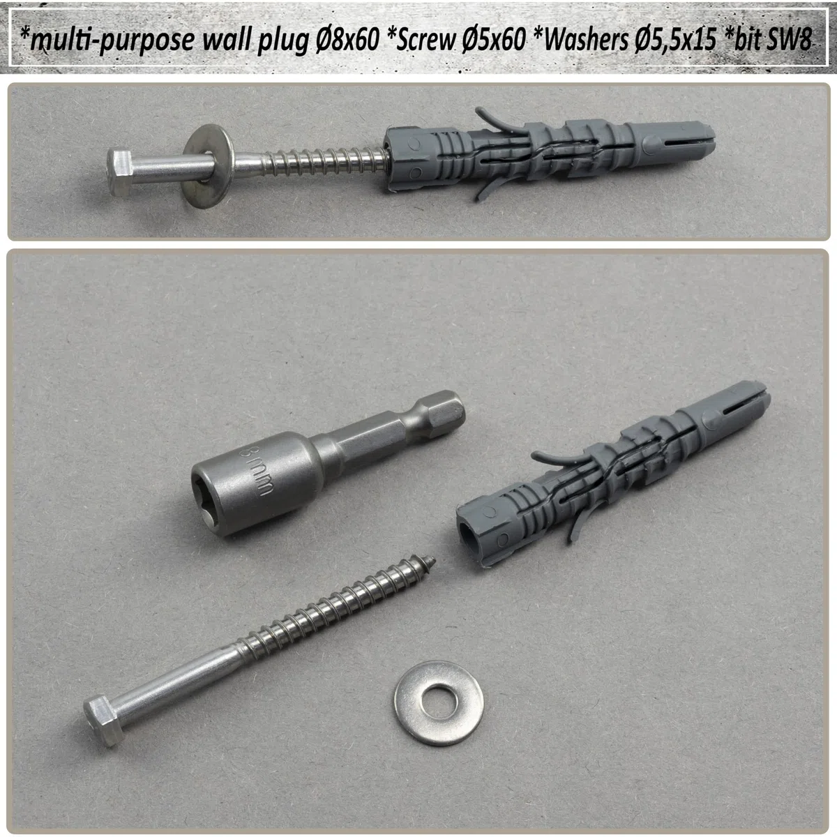 AERZETIX - Kit di 8 tasselli in nylon Ø8x60 mm + 8 viti tirafondo Ø5x60 mm inossidabile A2 + 8 rondelle larghe A2 per vite M5 + 1 bussola esagonale interna 1/4" SW8