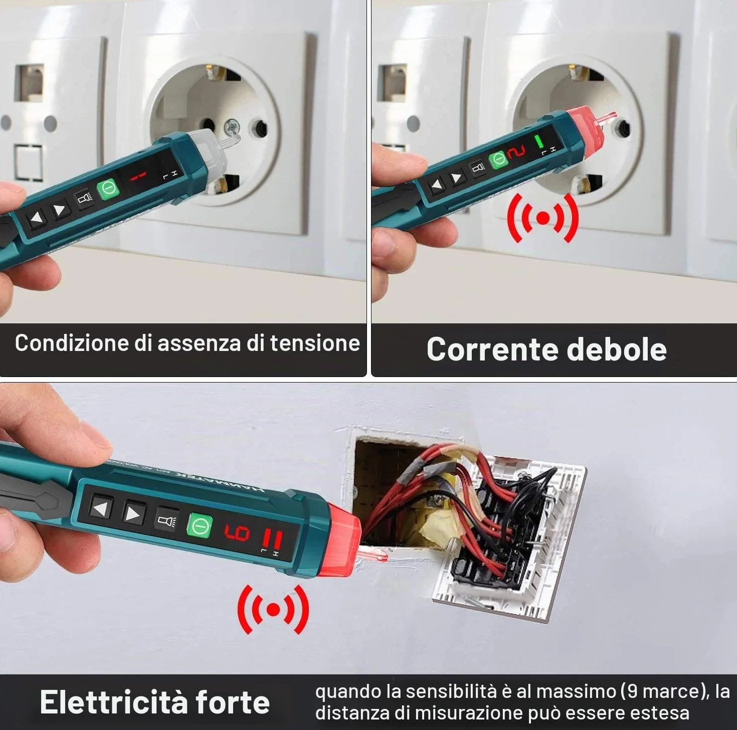 Rilevatore di tensione senza contatto, HANMATEK AC1 Sensibilità Regolabile/Display LCD/LED Torcia elettrica/Doppia portata 12 V/48 V-1000 V