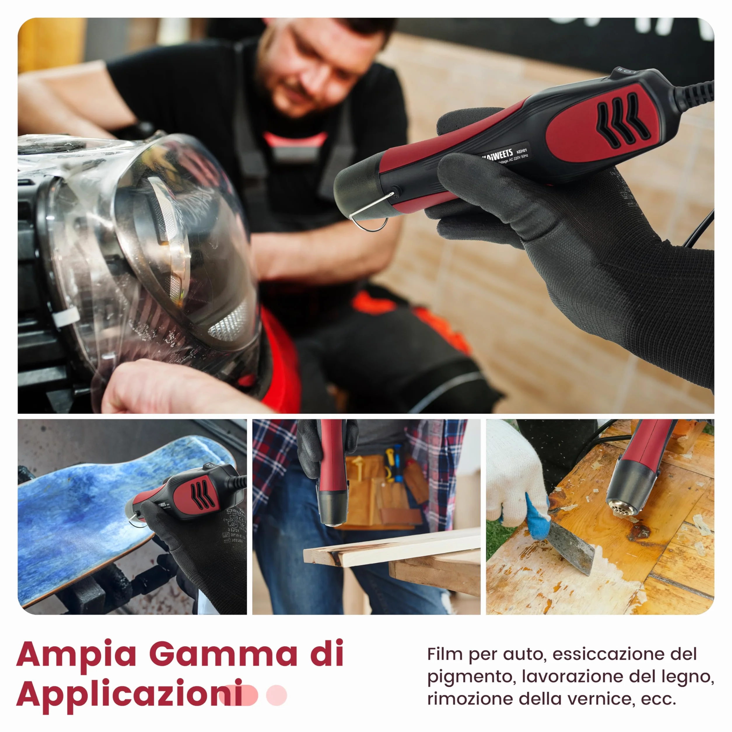 KAIWEETS 450°C Pistola Termica, Con Ugello In Acciaio Inox, 450W Pistola Aria Calda, Con 2 Temperatura, Protezione da Sovraccarico, Per DIY, Film Termoretraibile, Guaina Termorestringente (rosso)