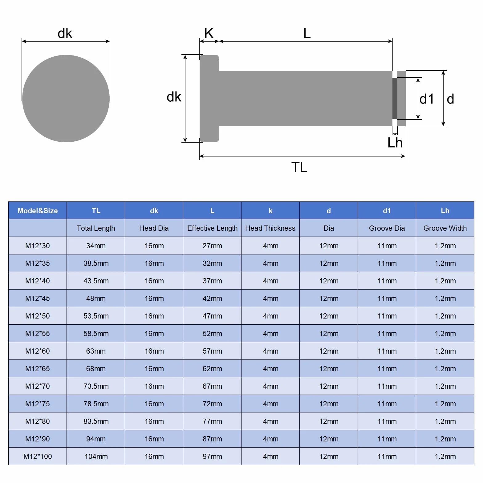 QUARKZMAN Perno Posizionamento Cilindrico M12x55mm Acciaio Inossidabile 304
