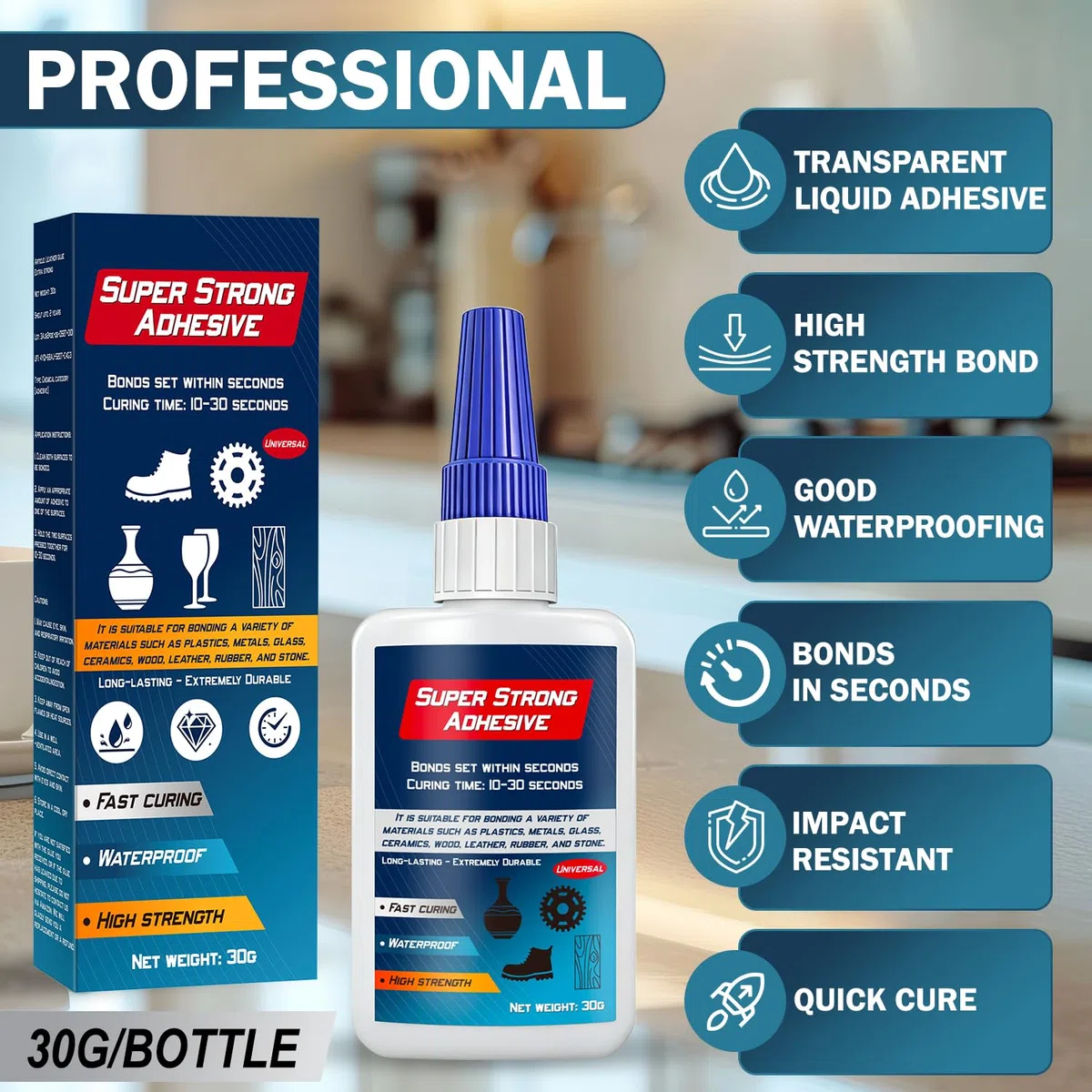 Colla Super - Professionale Super Glue con Testa Antiessiccazione, Trasparente Extra Forte Colla per Plastica, Metallo, Legno, Vetro, 30g