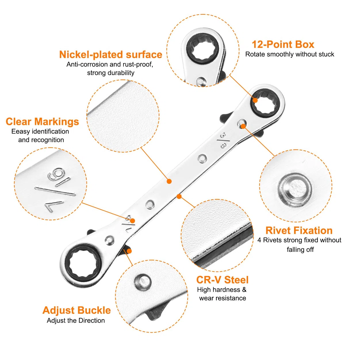 QUARKZMAN Chiave a cricchetto reversibile a doppia testa 3/8" x 7/16" in acciaio CR-V a 180 gradi SAE Doppia testa a 12 punti con 24 denti Regolabile, Argento Grigio